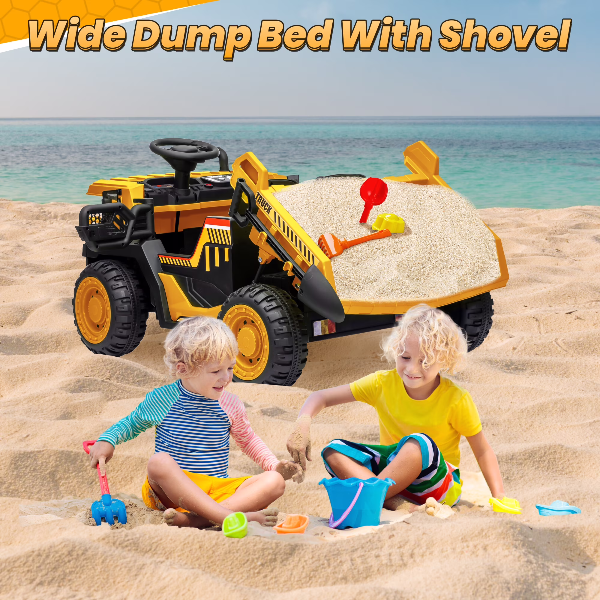 24 Volt Ride on Toys w/ Remote Control, 2*200W Strong Motor, Electric Powered Ride on Dump Truck with Shovel, 3 Speeds, LED Lights, MP3/USB Music, Yellow - Image 4