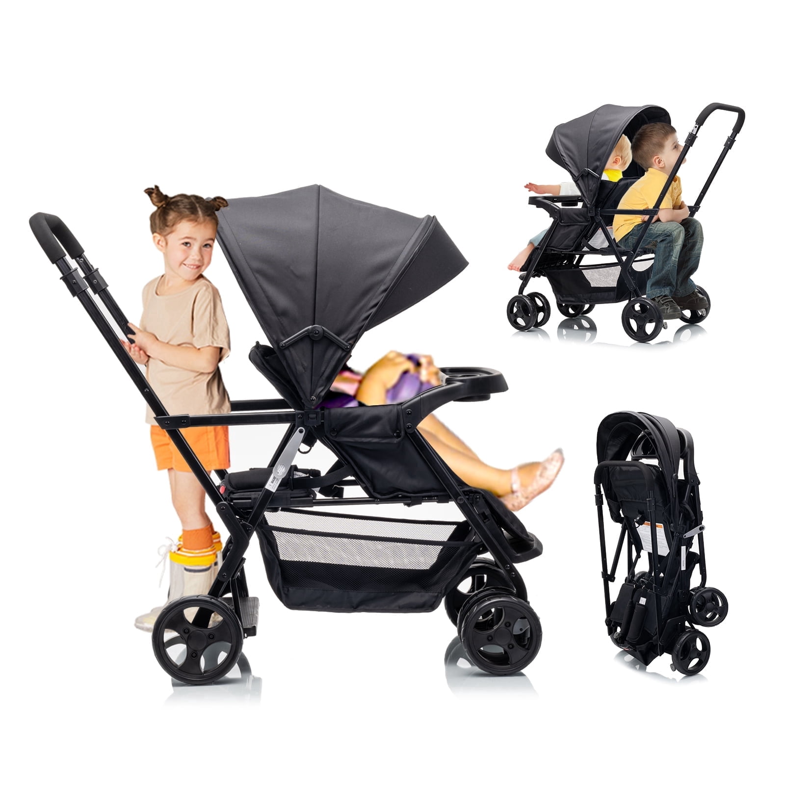 Funyard Double Sit Upright Lightweight Travel Stroller With Standing Platform, Canopy And Tray Table - Image 3