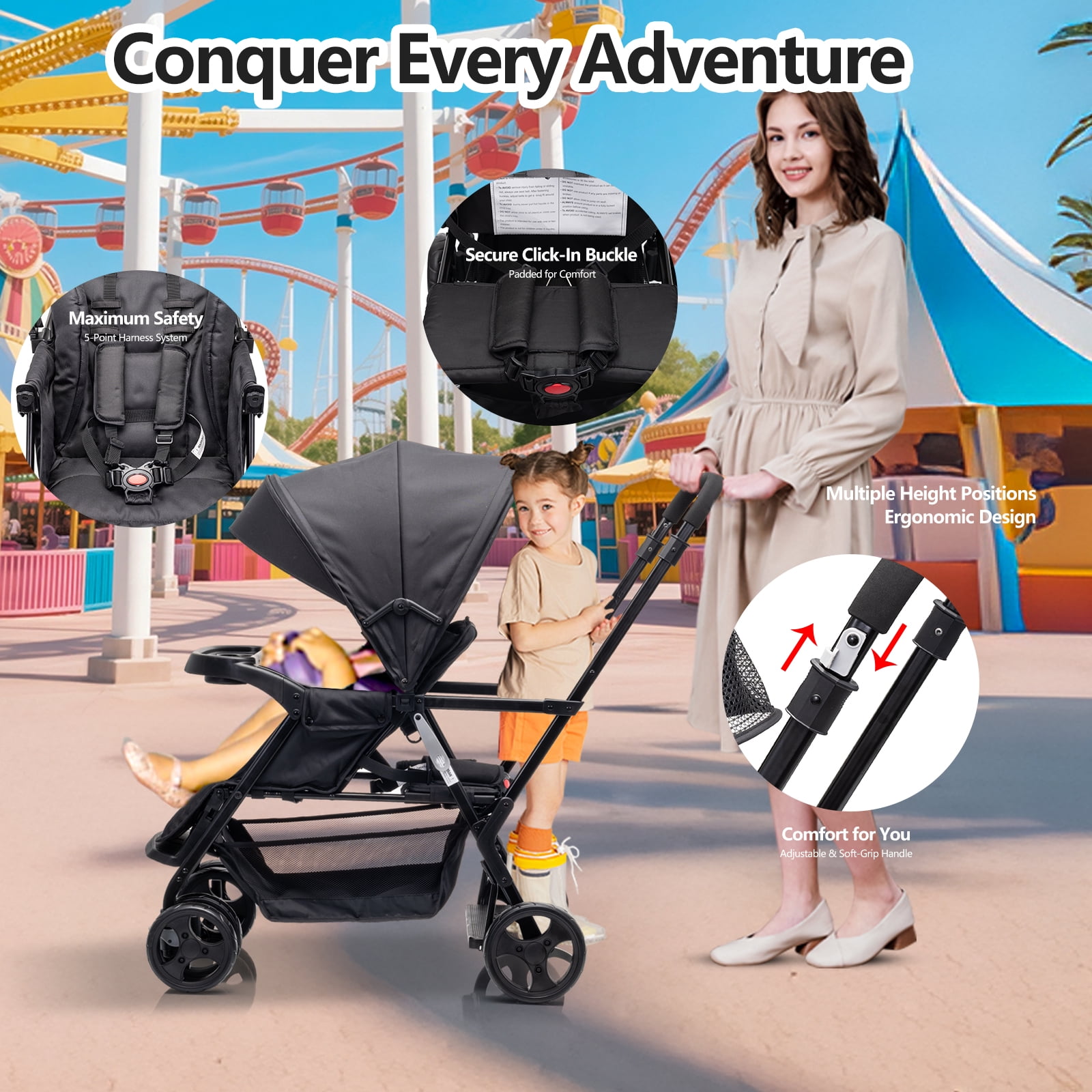 Funyard Double Sit Upright Lightweight Travel Stroller With Standing Platform, Canopy And Tray Table - Image 2