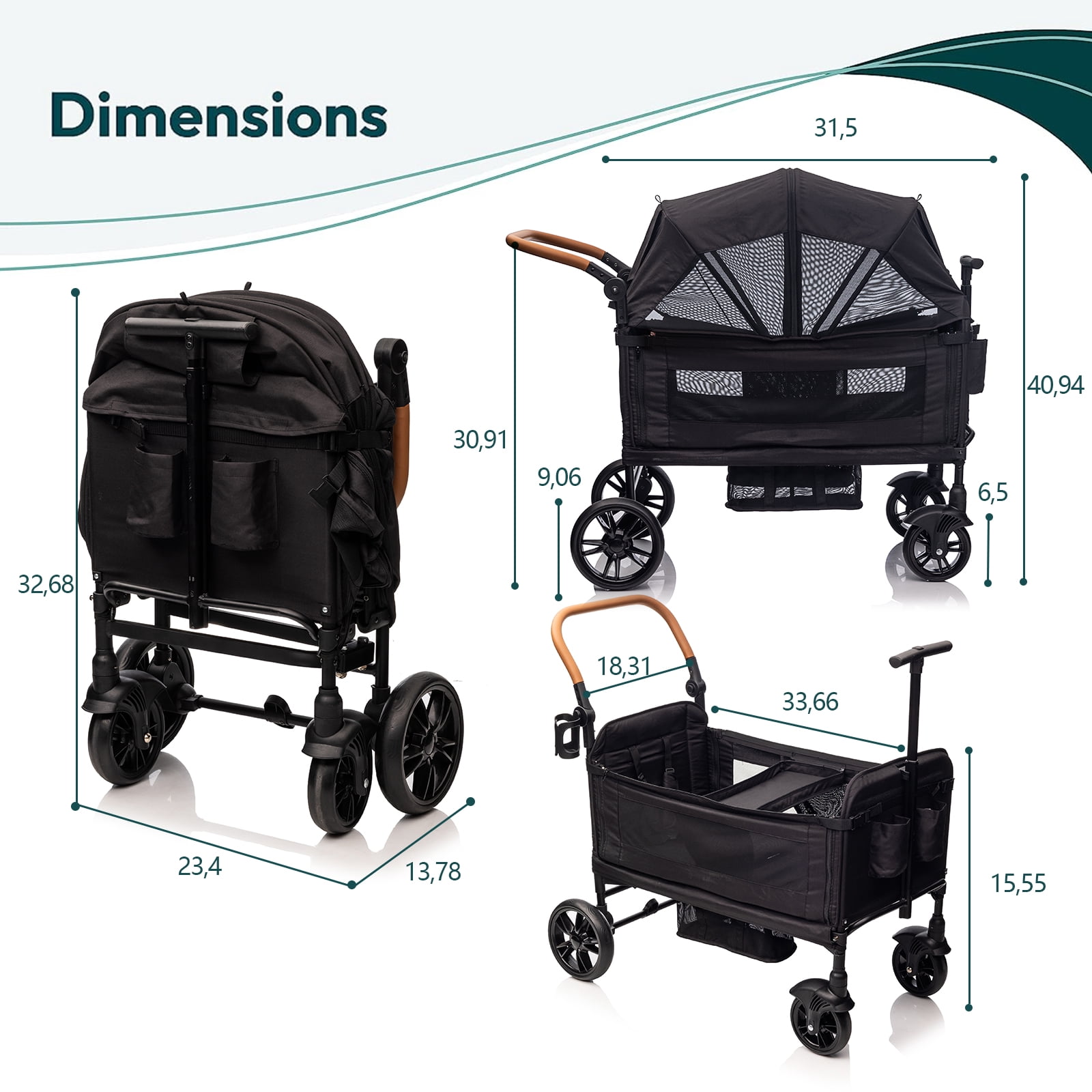 Funyard, Expedition Wagon Stroller for 2 Kids, Double Stroller with 5-Point Safety Harness, Adjustable Canopy & Handlebar, Snack Tray, All-Terrain Wheels, Lightweight Fold, Black - Image 3