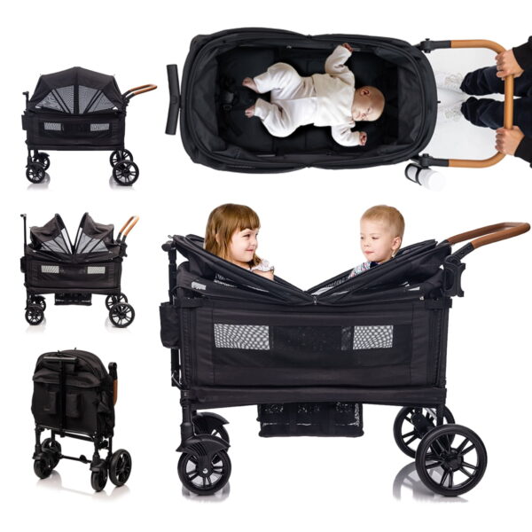 Funyard, Expedition Wagon Stroller for 2 Kids, Double Stroller with 5-Point Safety Harness, Adjustable Canopy & Handlebar, Snack Tray, All-Terrain Wheels, Lightweight Fold, Black