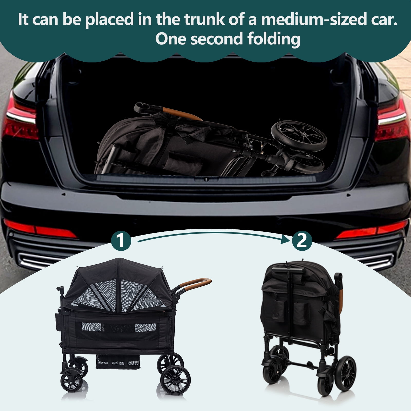 Funyard, Expedition Wagon Stroller for 2 Kids, Double Stroller with 5-Point Safety Harness, Adjustable Canopy & Handlebar, Snack Tray, All-Terrain Wheels, Lightweight Fold, Black - Image 2