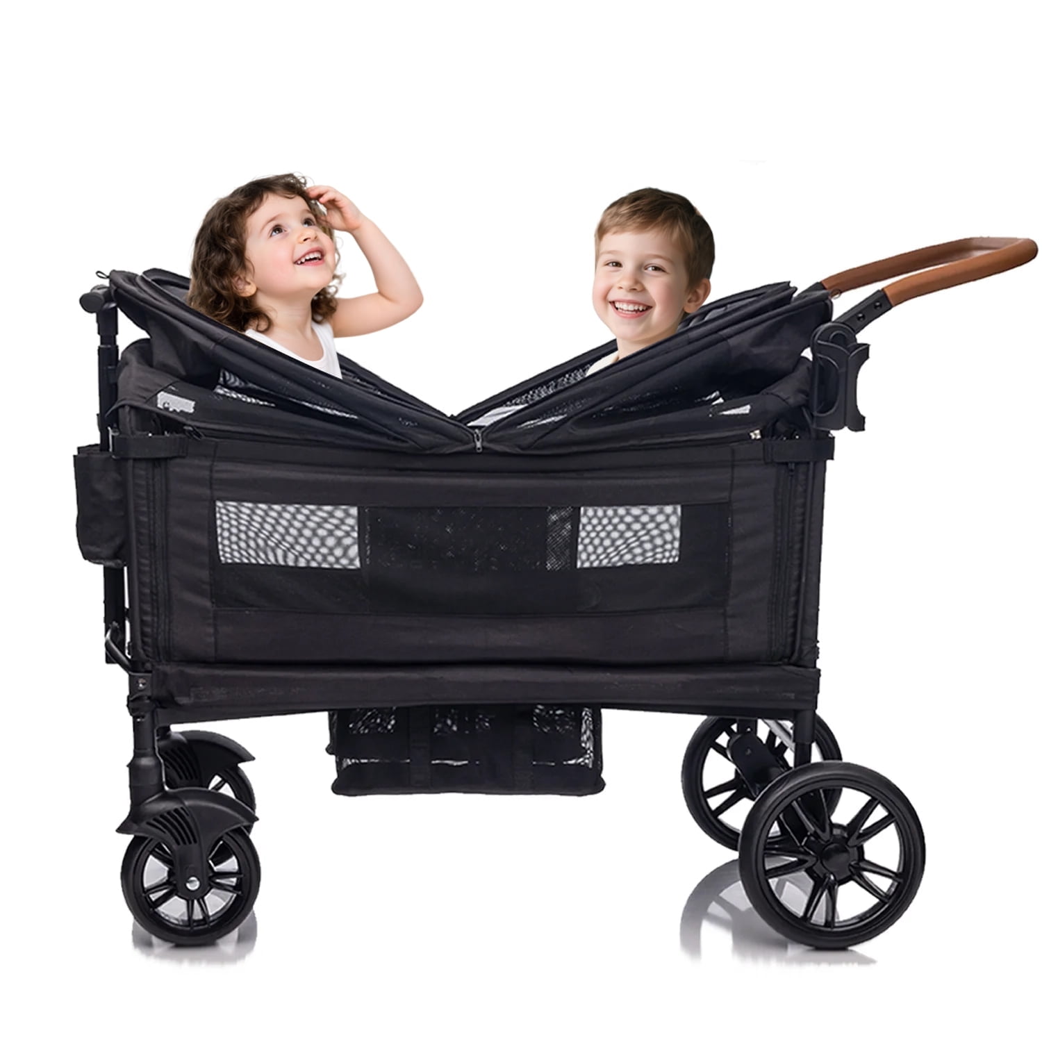 Funyard, Expedition Wagon Stroller for 2 Kids, Double Stroller with 5-Point Safety Harness, Adjustable Canopy & Handlebar, Snack Tray, All-Terrain Wheels, Lightweight Fold, Black - Image 4