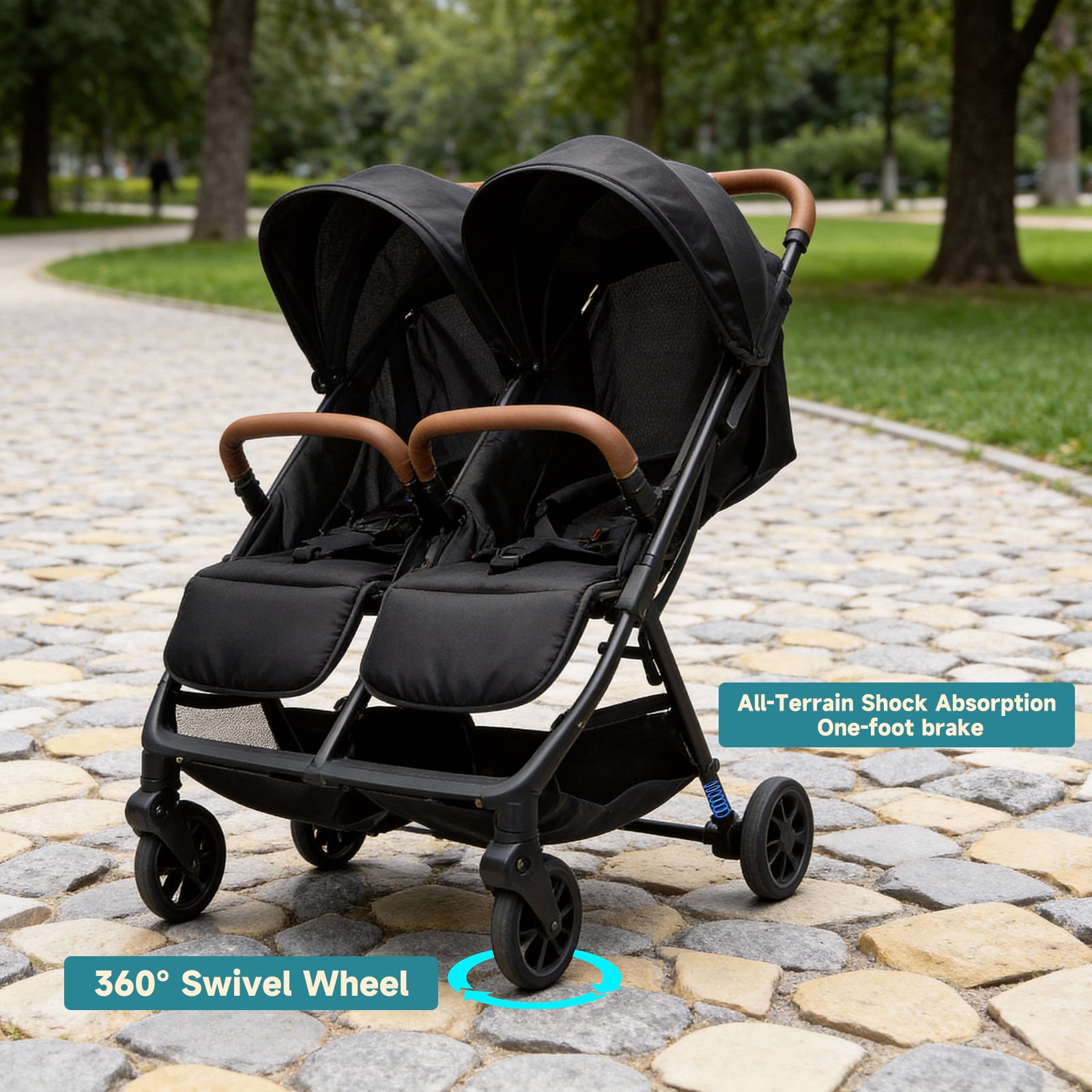 Funyard Ultra-Light Side-by-Side Double Stroller, 30.5 in Wide, 9 in Shock-Absorbing Wheels - Image 4