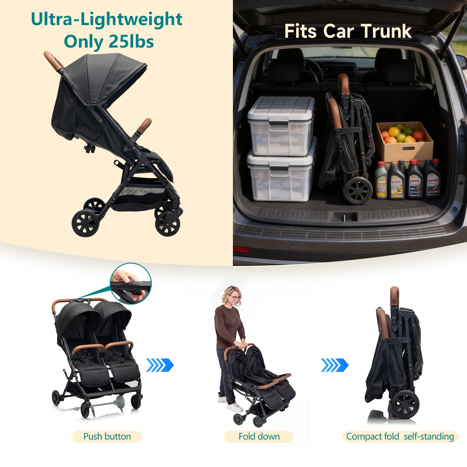 Funyard Ultra-Light Side-by-Side Double Stroller, 30.5 in Wide, 9 in Shock-Absorbing Wheels - Image 3
