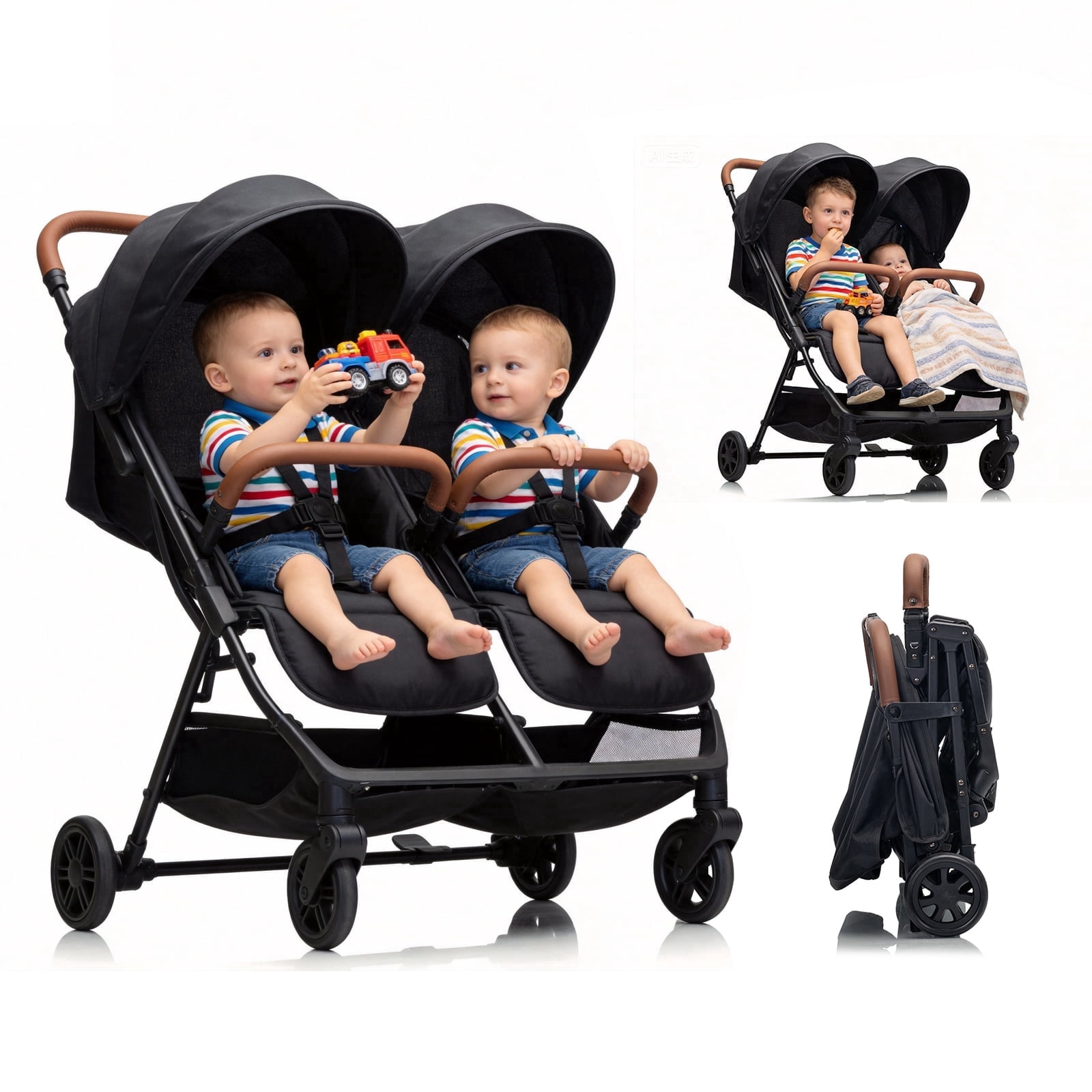 Funyard Ultra-Light Side-by-Side Double Stroller, 30.5 in Wide, 9 in Shock-Absorbing Wheels