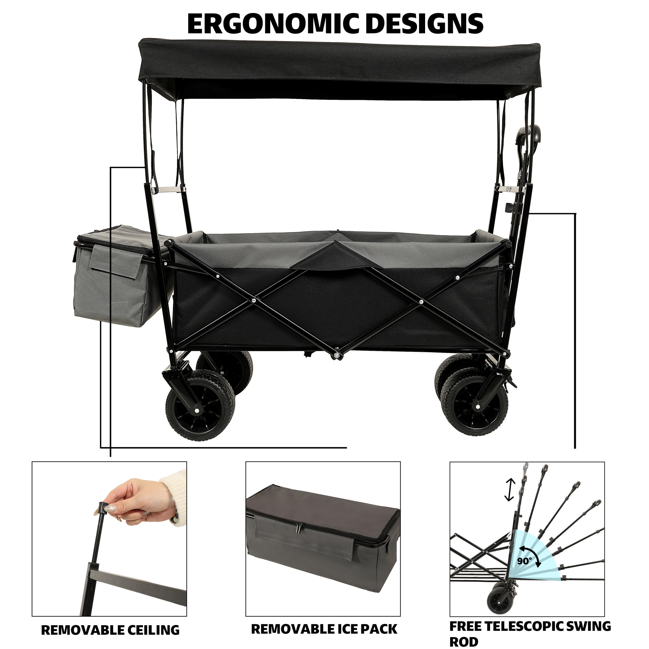 GDF Studio Collapsible Wagon Stroller with Removable Canopy and Mosquito Net, 7" All-Terrain Wheels, Black - Image 5