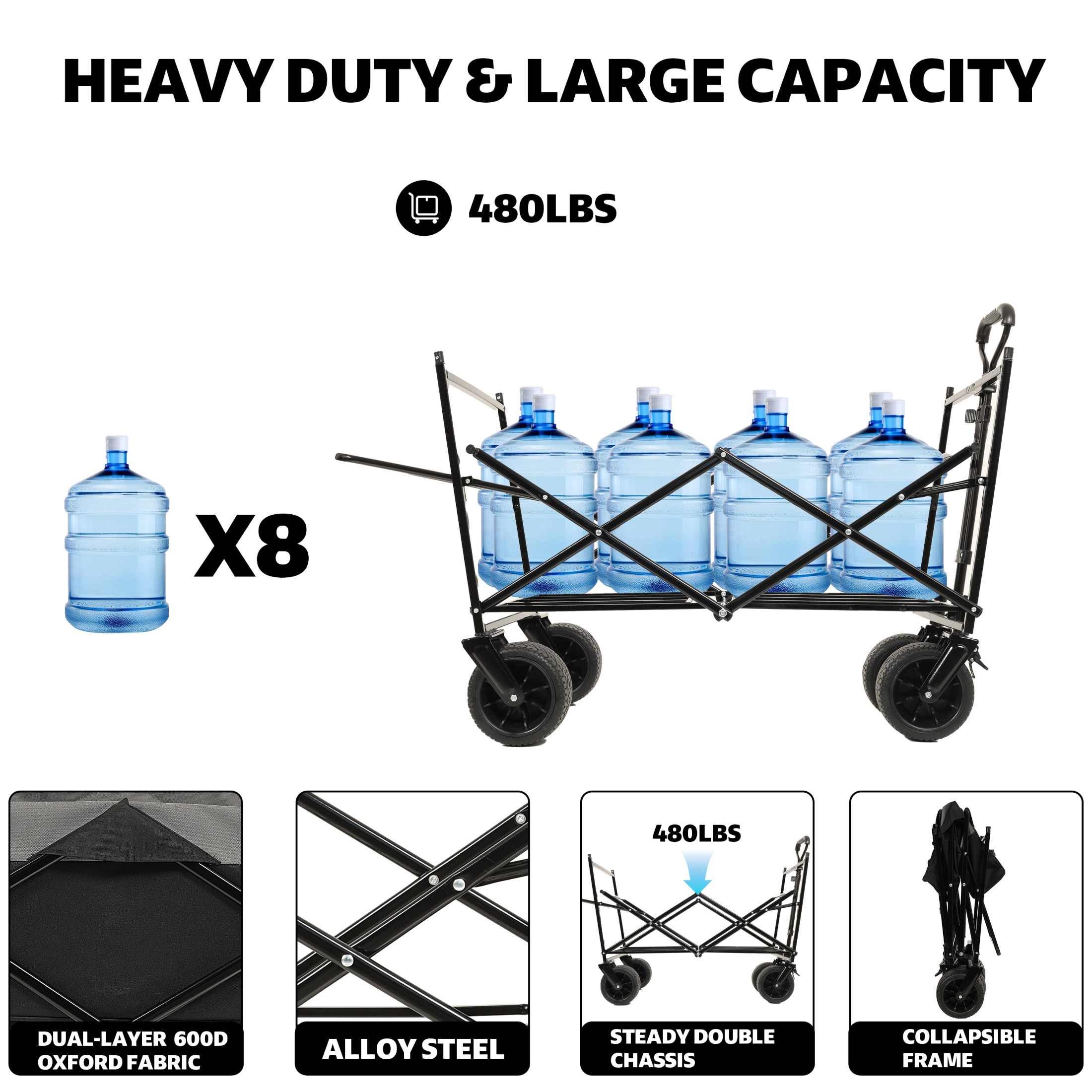 GDF Studio Collapsible Wagon Stroller with Removable Canopy and Mosquito Net, 7" All-Terrain Wheels, Black - Image 2