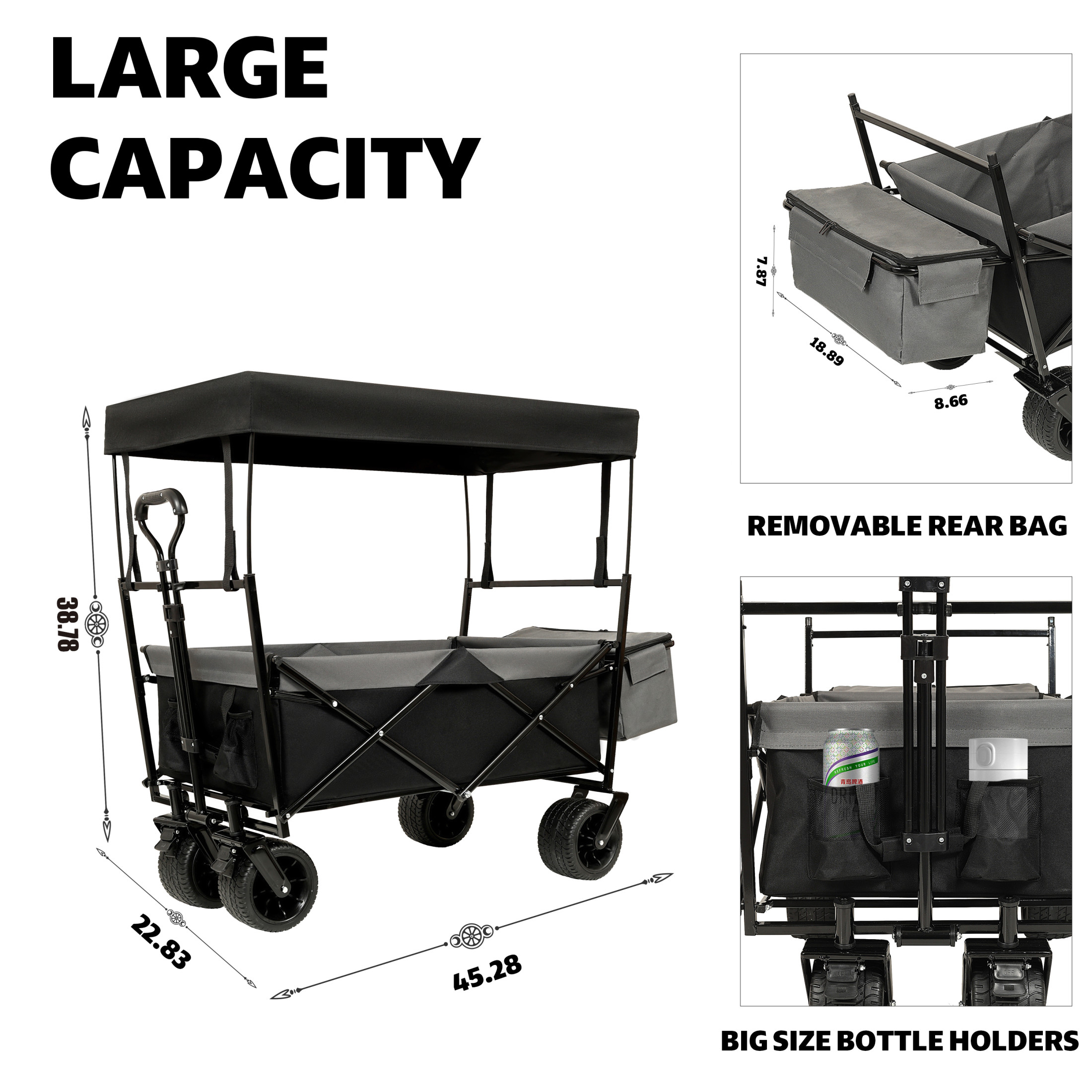 GDF Studio Collapsible Wagon Stroller with Removable Canopy and Mosquito Net, 7" All-Terrain Wheels, Black - Image 3