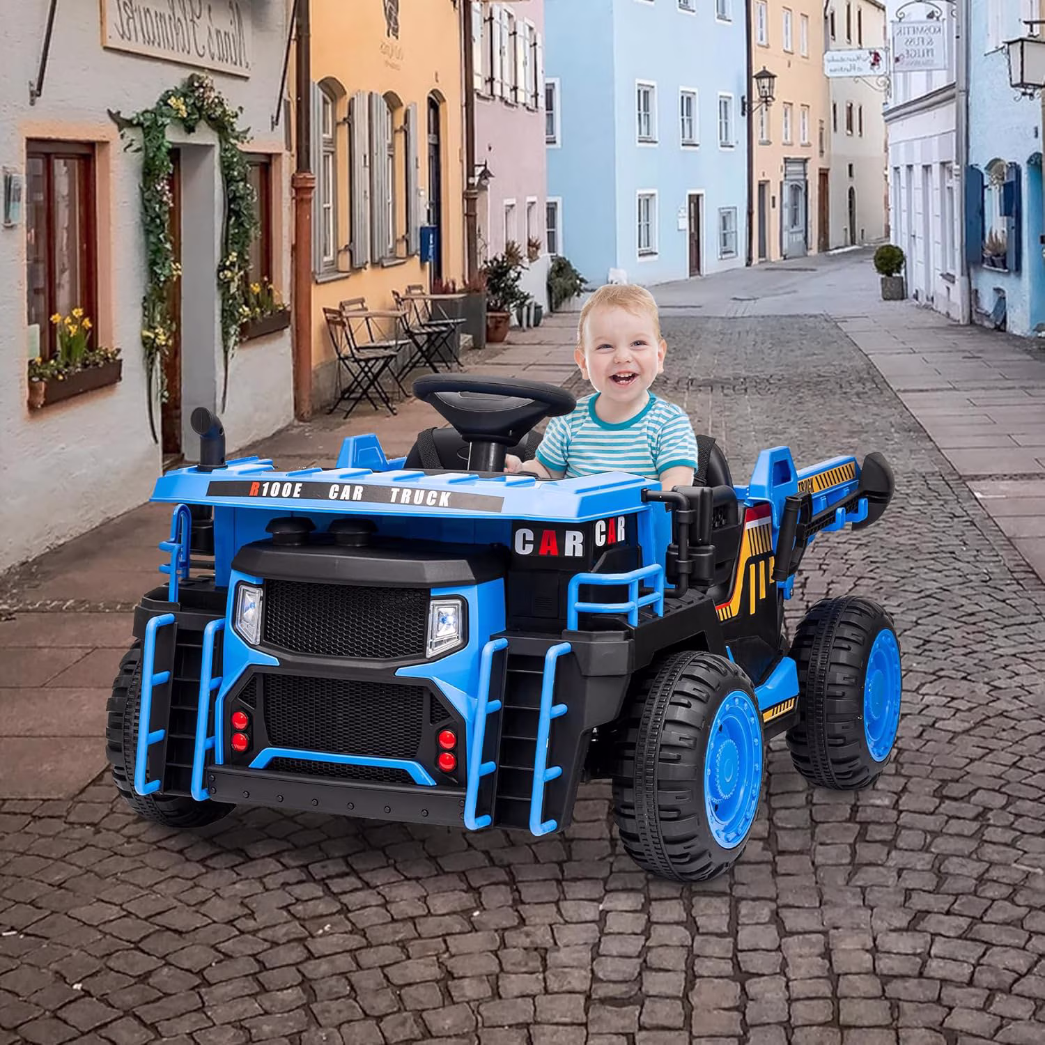Geetinfly 24V Ride-On Dump Truck,2-Seater Remote Control Construction Toy with Electric Dump Bed,2WD/4WD Music Player & Speeds Up to 4.35 MPH,Extra Shovel,Blue - Image 2