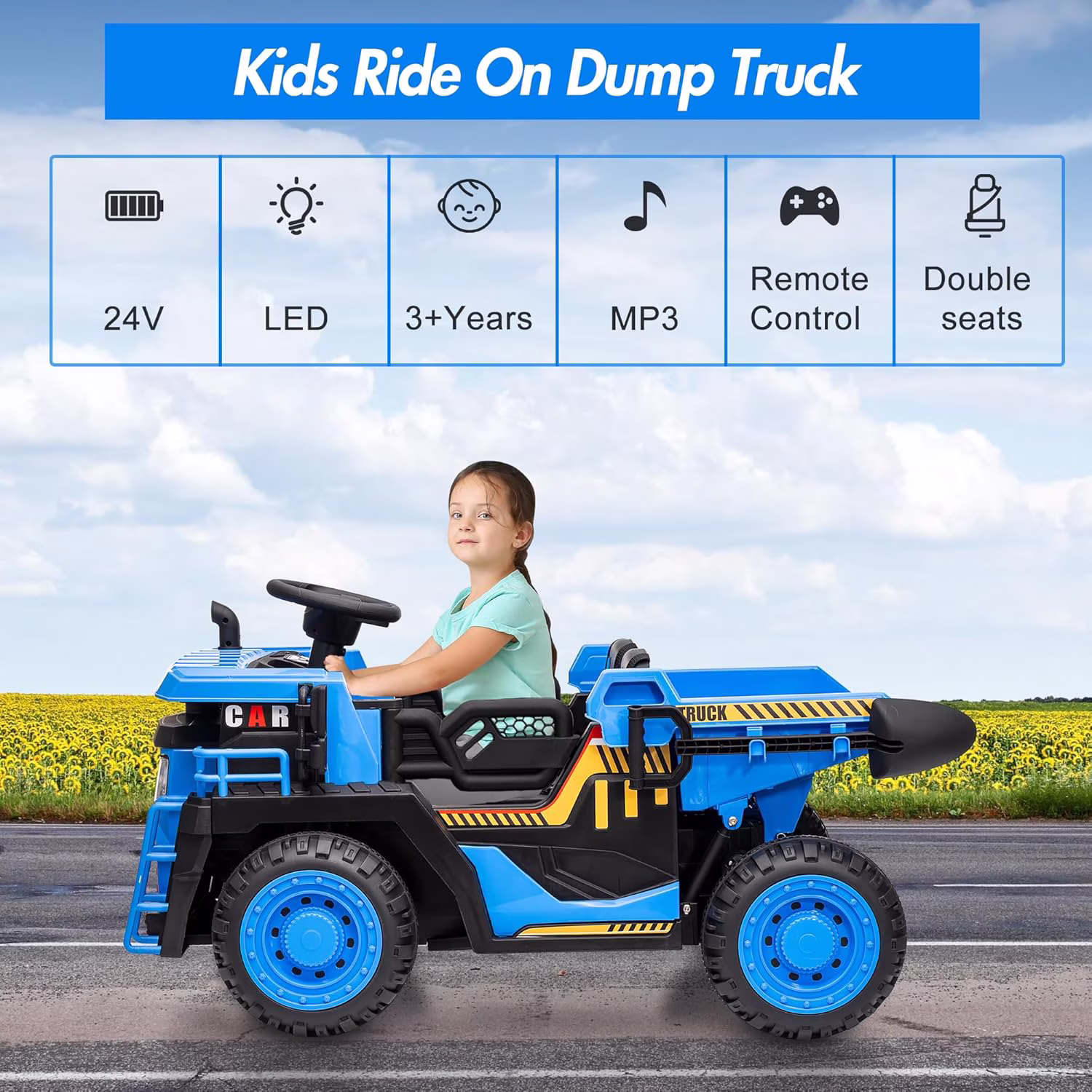 Geetinfly 24V Ride-On Dump Truck,2-Seater Remote Control Construction Toy with Electric Dump Bed,2WD/4WD Music Player & Speeds Up to 4.35 MPH,Extra Shovel,Blue