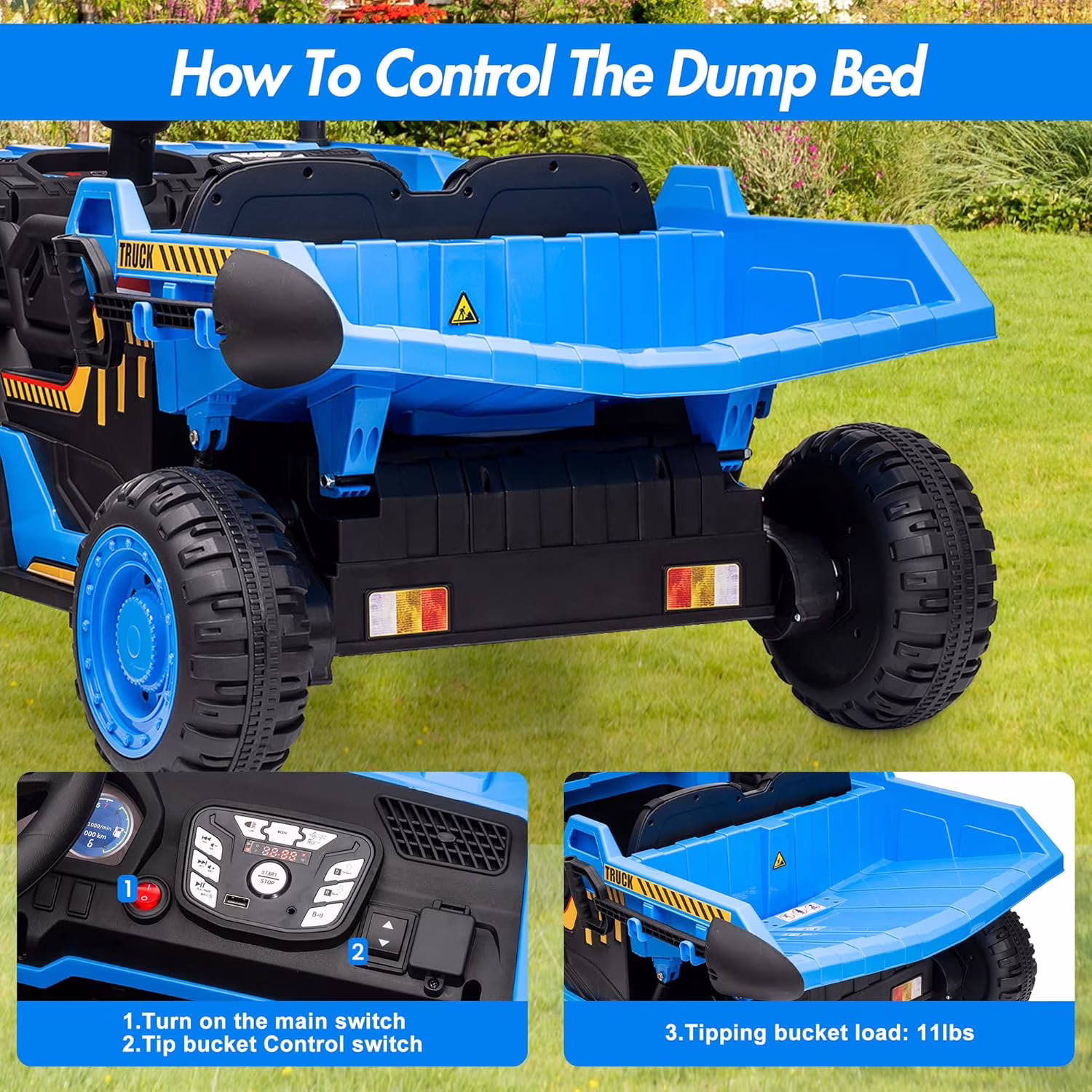 Geetinfly 24V Ride-On Dump Truck,2-Seater Remote Control Construction Toy with Electric Dump Bed,2WD/4WD Music Player & Speeds Up to 4.35 MPH,Extra Shovel,Blue - Image 4