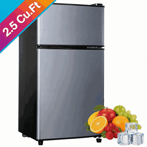 GGTB 2.5 Cu.ft Compact Refrigerators Double Door Mini Fridge with Top Freezer, 7-Level Adjustable Thermostat for Dorm Bedroom Office, Silver