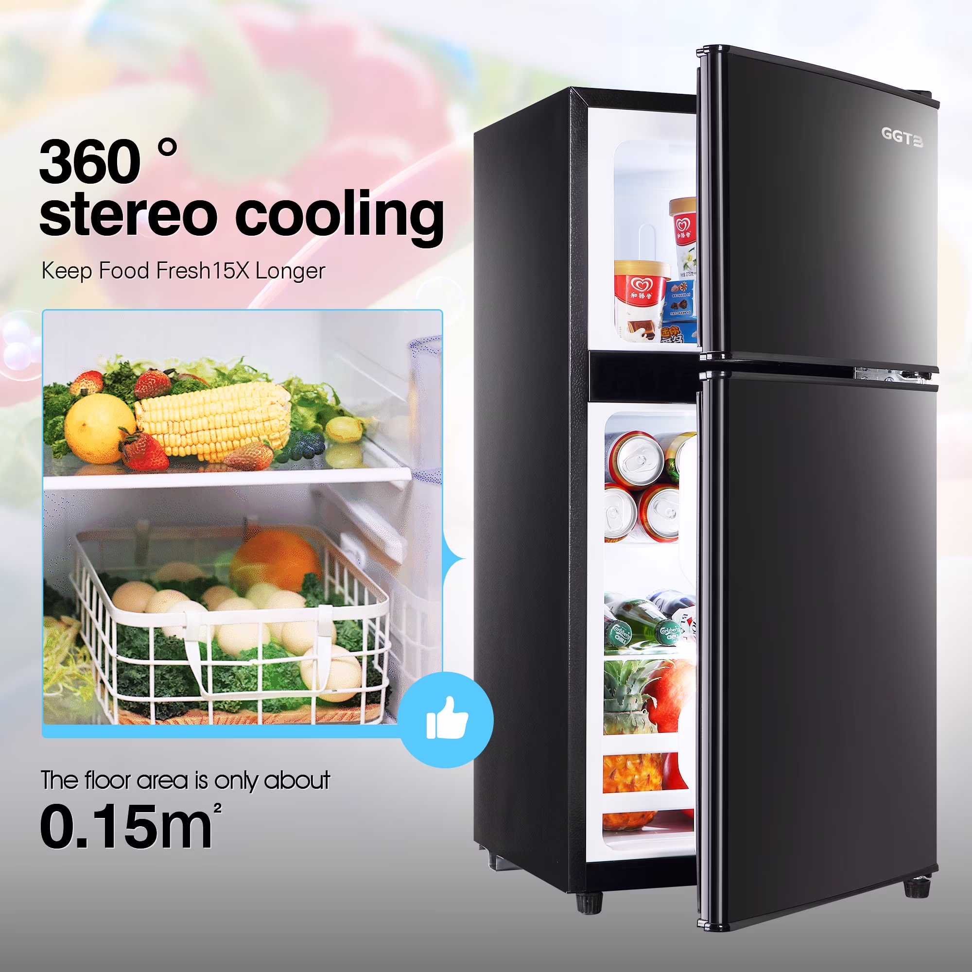 GGTB 3.0 Cu.ft Retro Compact Two Door Refrigerator, Mini Fridge with Freezer Compartment, Reversible Doors, Removable Shelves, Black - Image 2