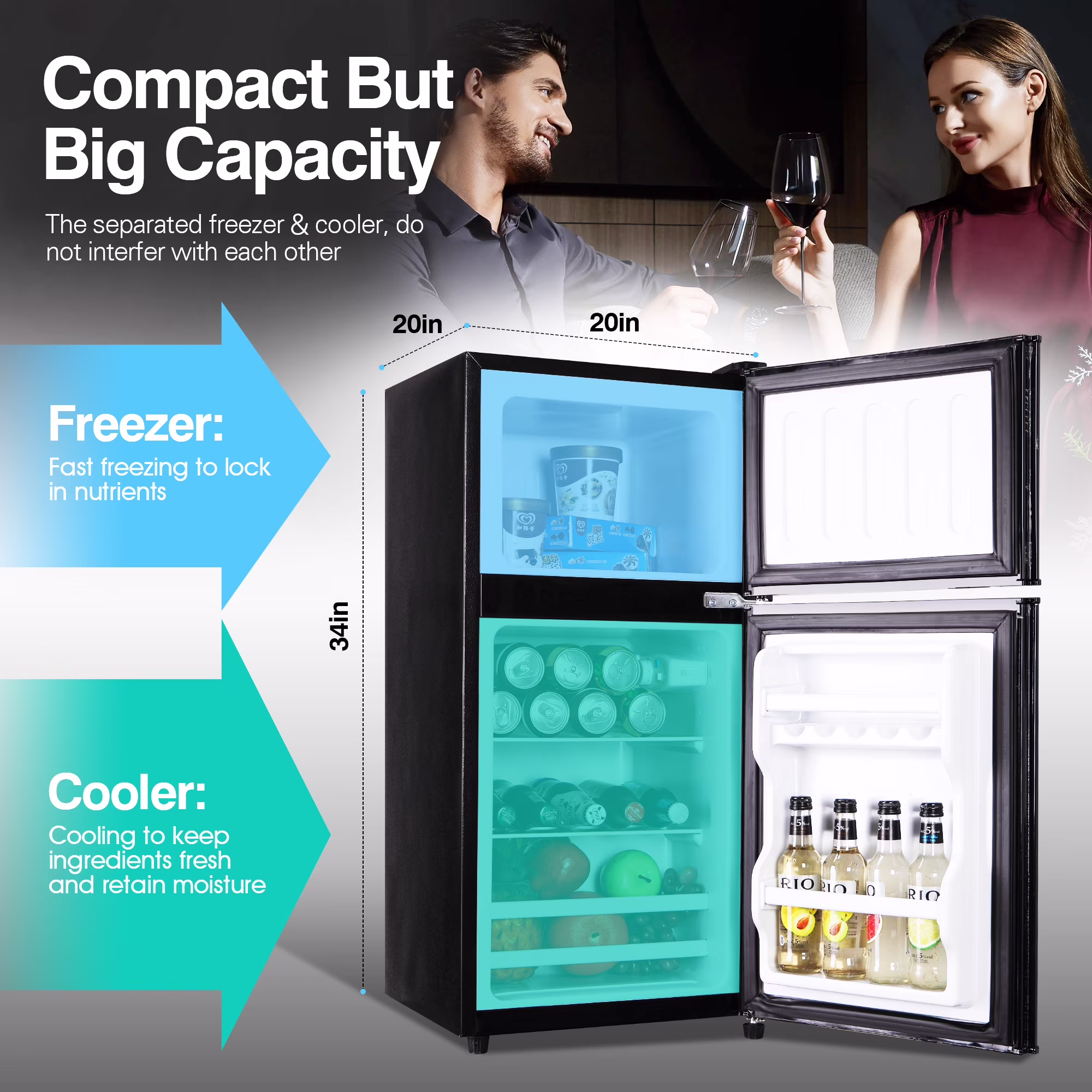 GGTB 3.0 Cu.ft Retro Compact Two Door Refrigerator, Mini Fridge with Freezer Compartment, Reversible Doors, Removable Shelves, Black - Image 3