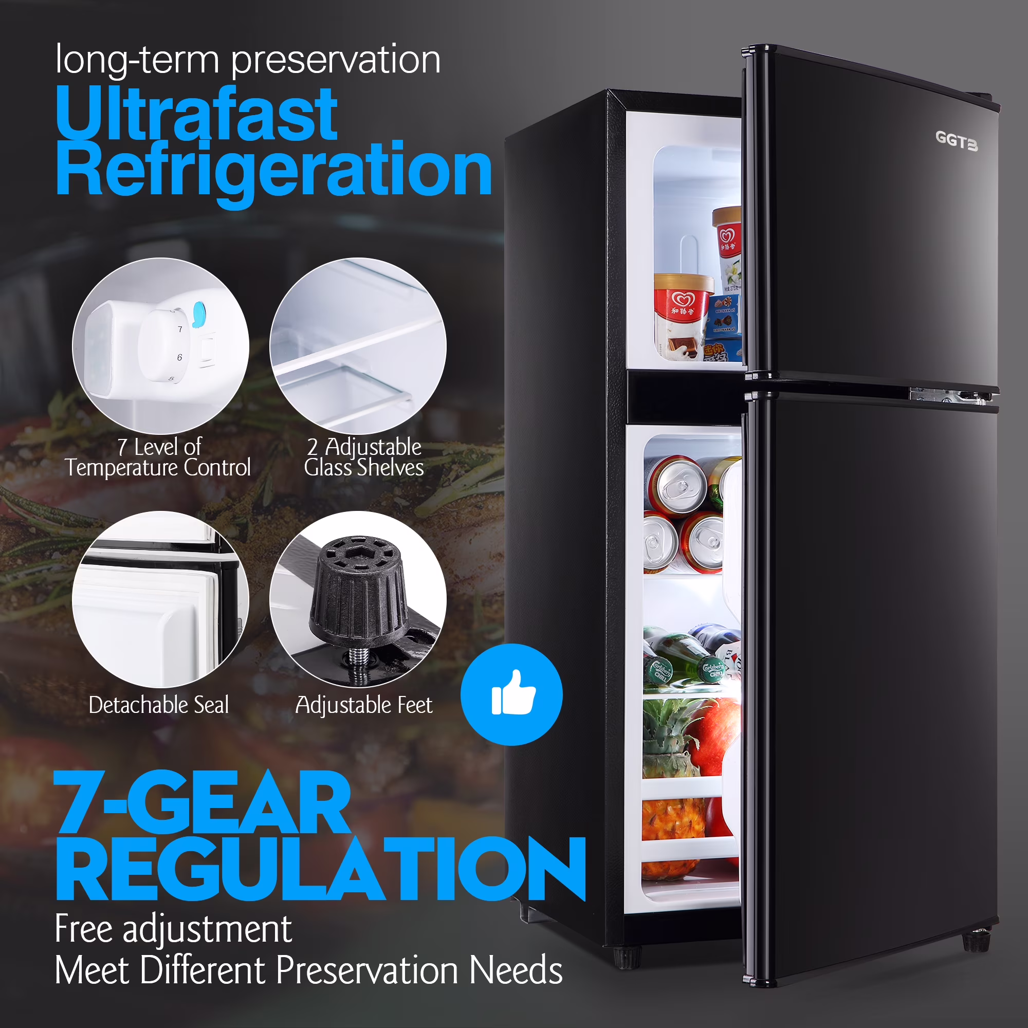 GGTB 3.0 Cu.ft Retro Compact Two Door Refrigerator, Mini Fridge with Freezer Compartment, Reversible Doors, Removable Shelves, Black - Image 4