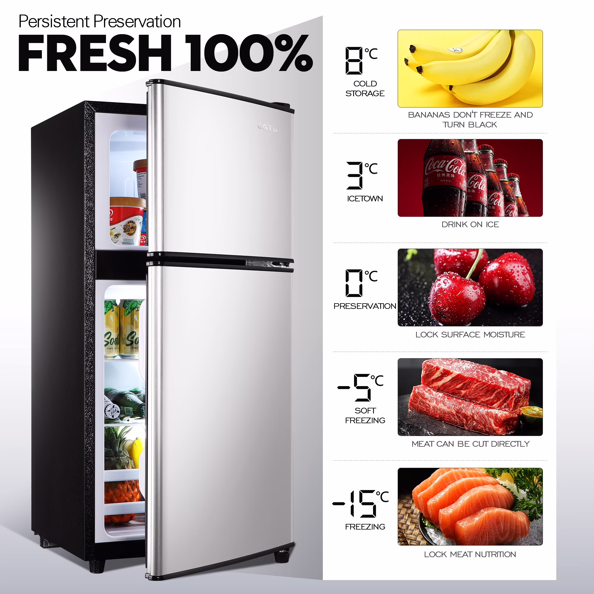 GGTB 3.0 Cu.ft Retro Double Door Mini Fridge with Freezer, Compact Small Refrigerator with Reversible Doors for Dorm Apartment Bedroom Office, Silver - Image 2