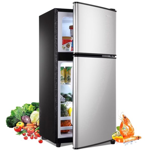 GGTB 3.0 Cu.ft Retro Double Door Mini Fridge with Freezer, Compact Small Refrigerator with Reversible Doors for Dorm Apartment Bedroom Office, Silver