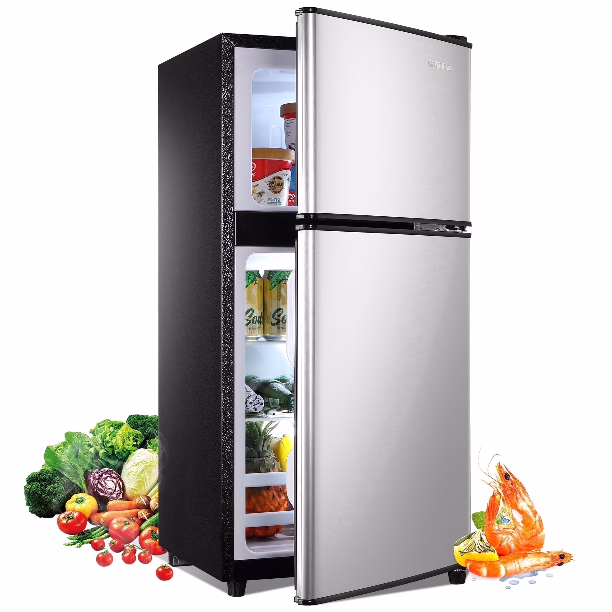 GGTB 3.0 Cu.ft Retro Double Door Mini Fridge with Freezer, Compact Small Refrigerator with Reversible Doors for Dorm Apartment Bedroom Office, Silver