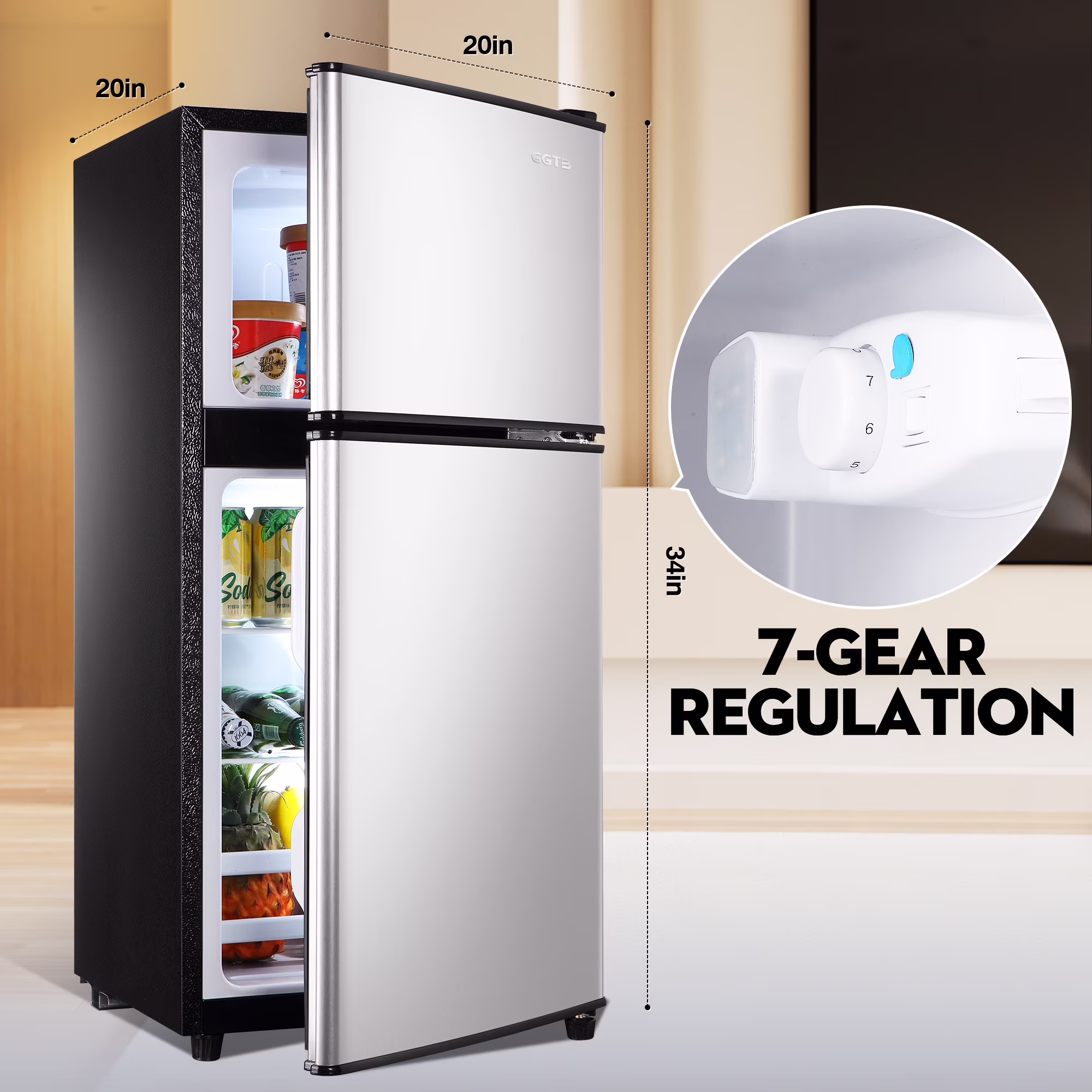 GGTB 3.0 Cu.ft Retro Double Door Mini Fridge with Freezer, Compact Small Refrigerator with Reversible Doors for Dorm Apartment Bedroom Office, Silver - Image 4