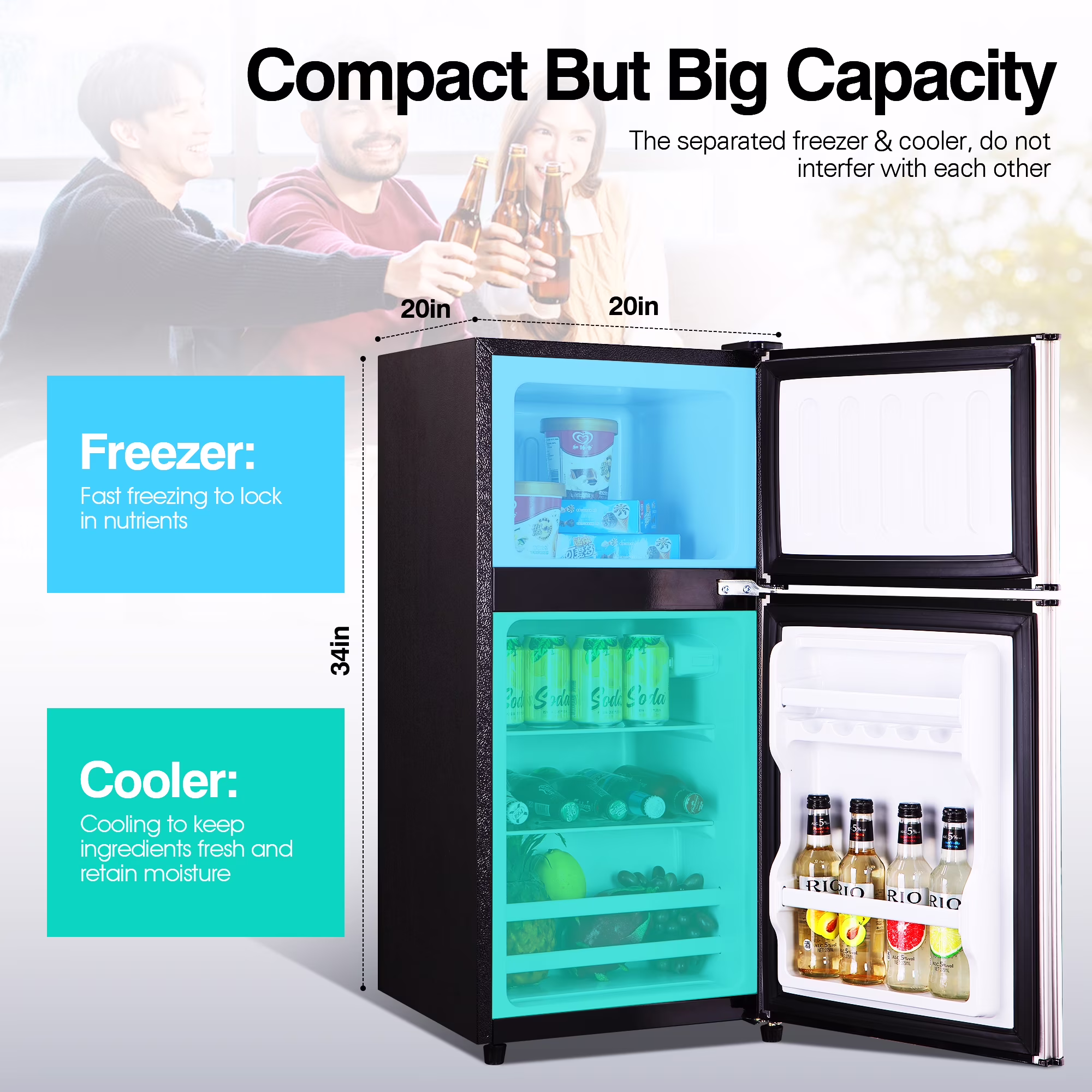 GGTB 3.0 Cu.ft Retro Double Door Mini Fridge with Freezer, Compact Small Refrigerator with Reversible Doors for Dorm Apartment Bedroom Office, Silver - Image 5