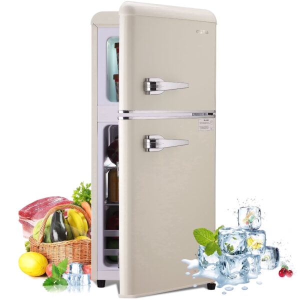 GGTB 3.0 Cu. Ft. Retro Mini Fridge with Freezer, Cream 2-Door Compact Refrigerator for Bedroom, Dorm & Office, Adjustable Temperature, Quiet Operation, Vintage Style Small Fridge