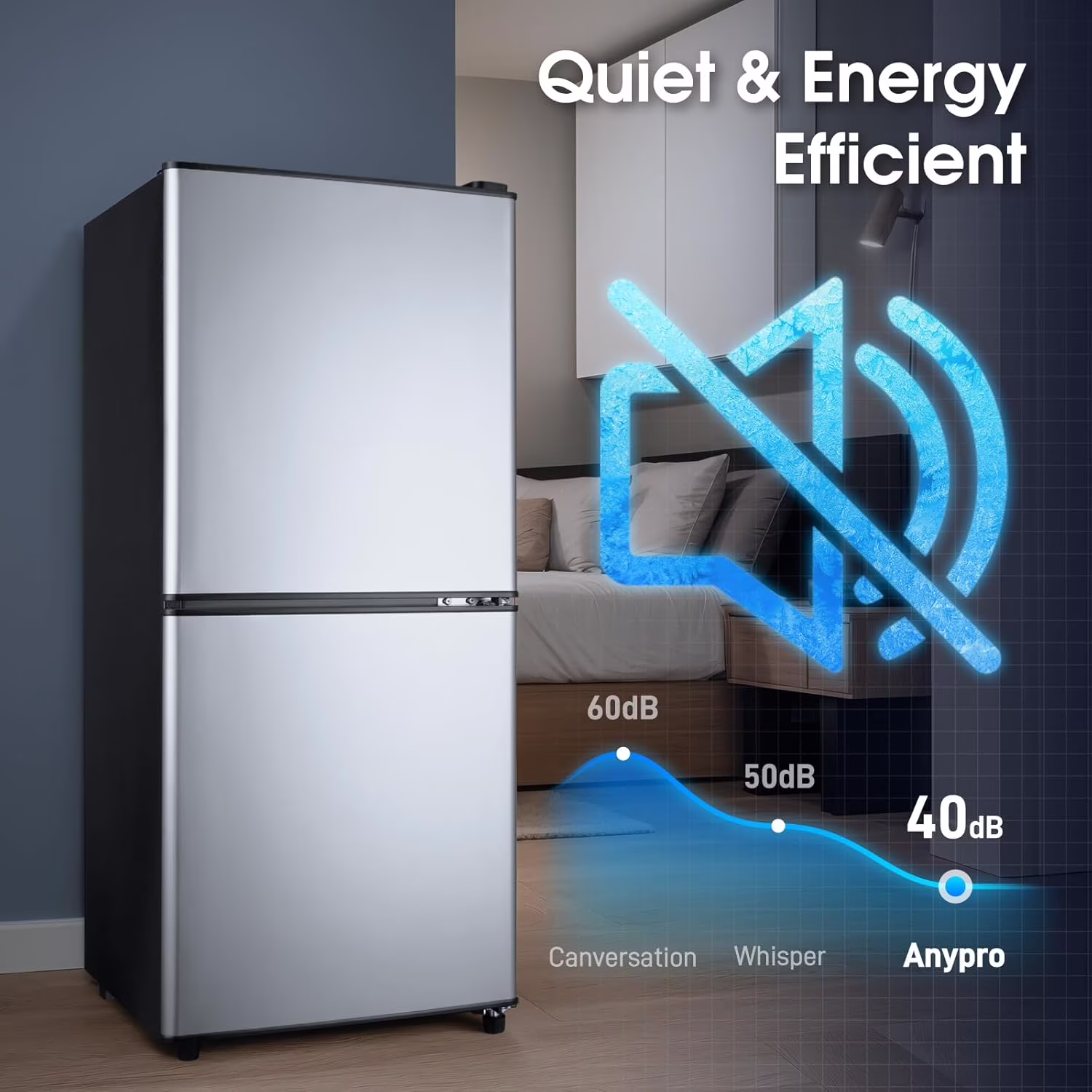GGTB 4.0 Cu.ft 2-Door Mini Fridge with Bottom Freezer, 7 Temperature Settings, Compact Refrigerator for Dorm Apartment Office, Silver - Image 5