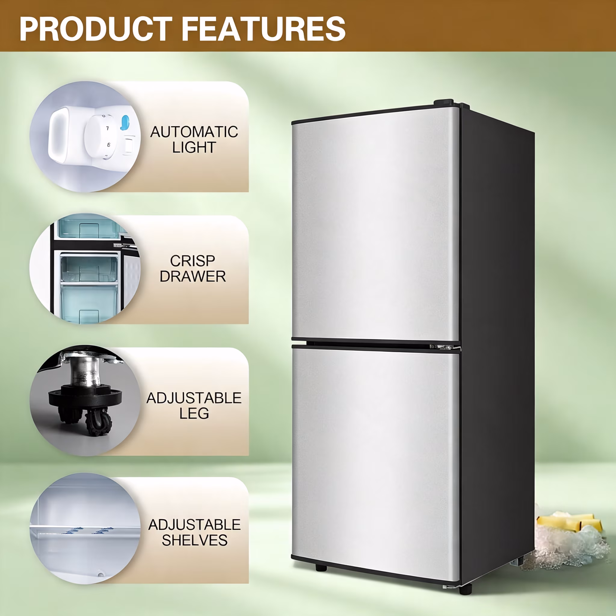 GGTB 4.0 Cu.Ft Mini Fridge Freezer for Dorm/Office, 2-Door, Quiet | 4.0 cu ft mini fridge with separate freezer, quiet 38dB for sleep, 7-level thermostat, adj shelves, for dorm/office/kitchen, Silver - Image 3