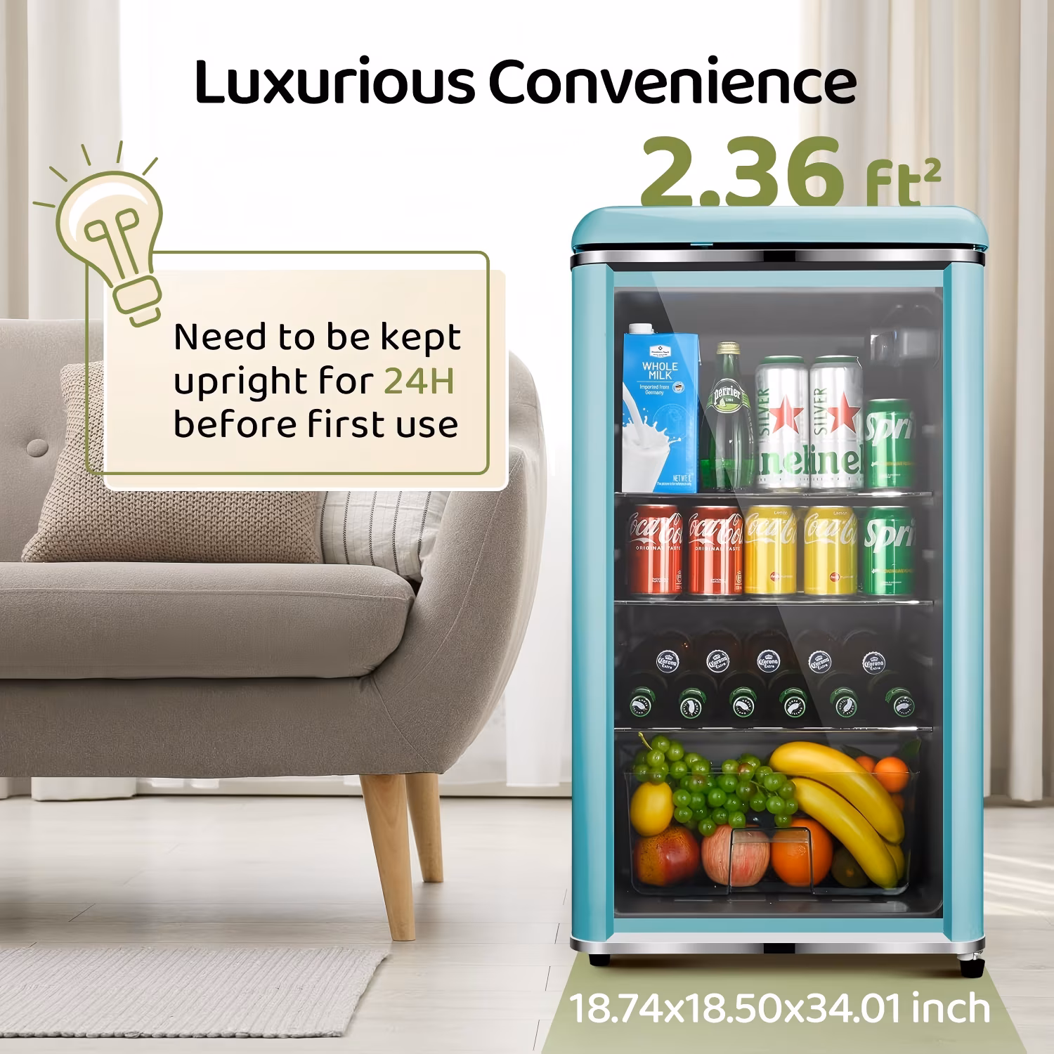 GGTB 4.0 Cu.ft Retro Beverage Refrigerator, 160-Can Mini Fridge with Double Glass Door, Adjustable Shelves, Blue - Image 3