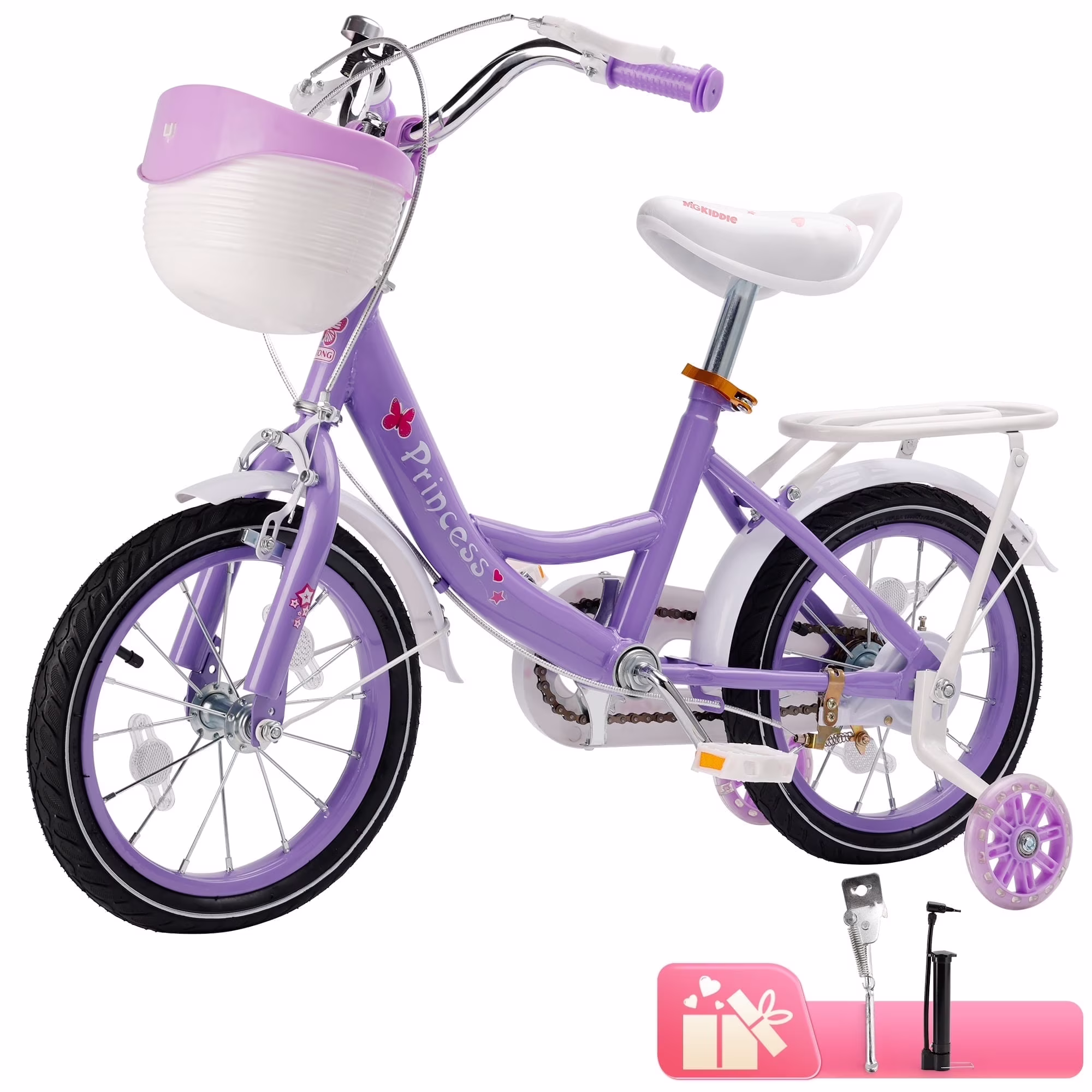 Girls Bike for Toddlers and Kids Ages 4-6 Years Old, 16 18 Inch Kids Bike with Flashing Training Wheels & Basket,Girls Bicycle with Handbrake & Kickstand, Pink/Purple