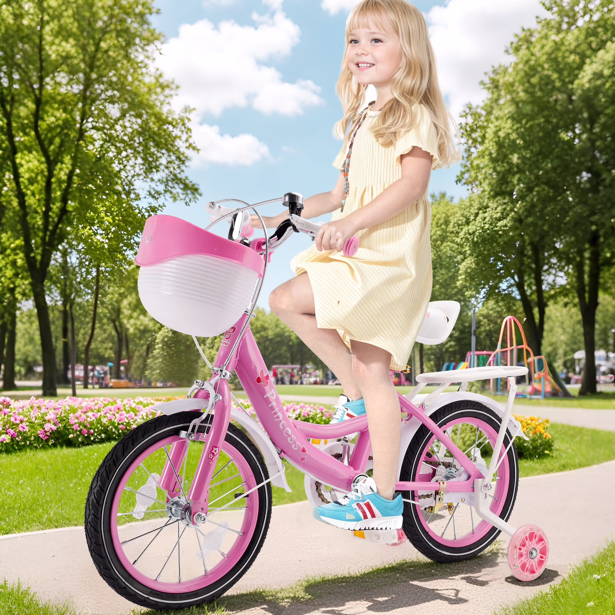 Girls Bike for Toddlers and Kids Ages 4-6 Years Old, 16 18 Inch Kids Bike with Flashing Training Wheels & Basket,Girls Bicycle with Handbrake & Kickstand, Pink/Purple - Image 4