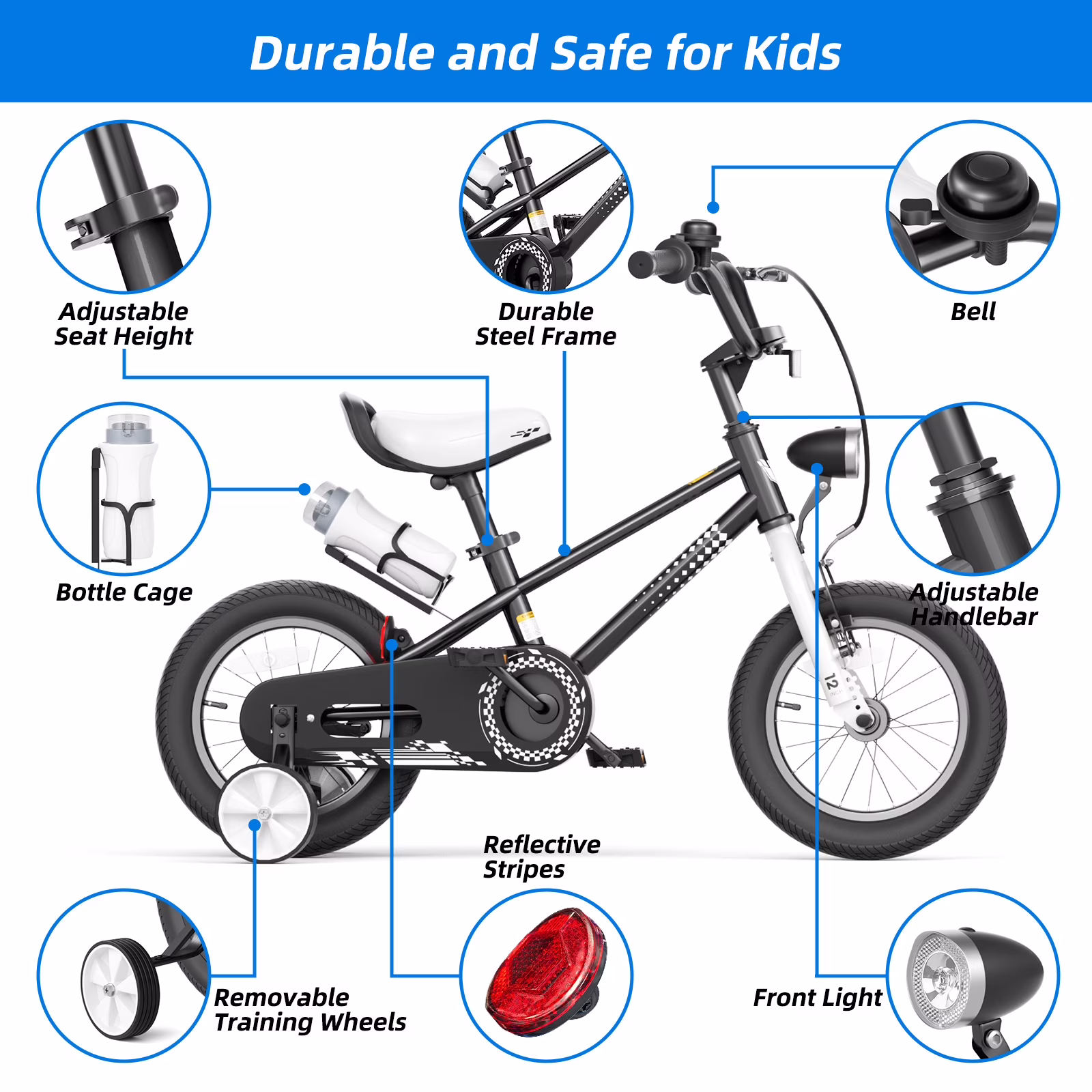 GLAF 12 14 16 Inch Boys Bike with Training Wheels & Water Bottle Holder, toddler kids bike for boys Ages 2-7 Year, Black - Image 2