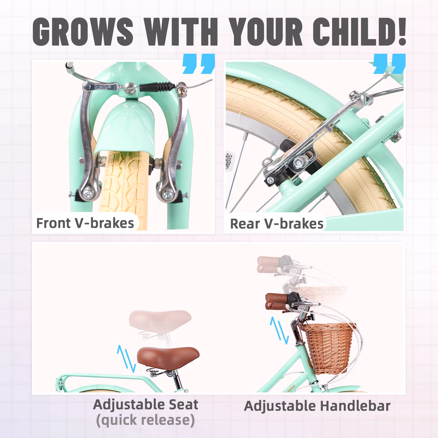 Glengo Loretta 24 Inch Girl Cruiser Kids Bike Shimano 6-Speed Teen Hybrid City Bicycle with Rack for Youth Ages 7-14 Years Old with Wicker Basket & Rack, Mint Green - Image 2