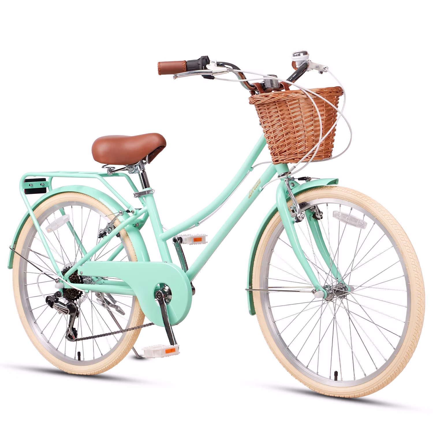 Glengo Loretta 24 Inch Girl Cruiser Kids Bike Shimano 6-Speed Teen Hybrid City Bicycle with Rack for Youth Ages 7-14 Years Old with Wicker Basket & Rack, Mint Green - Image 4
