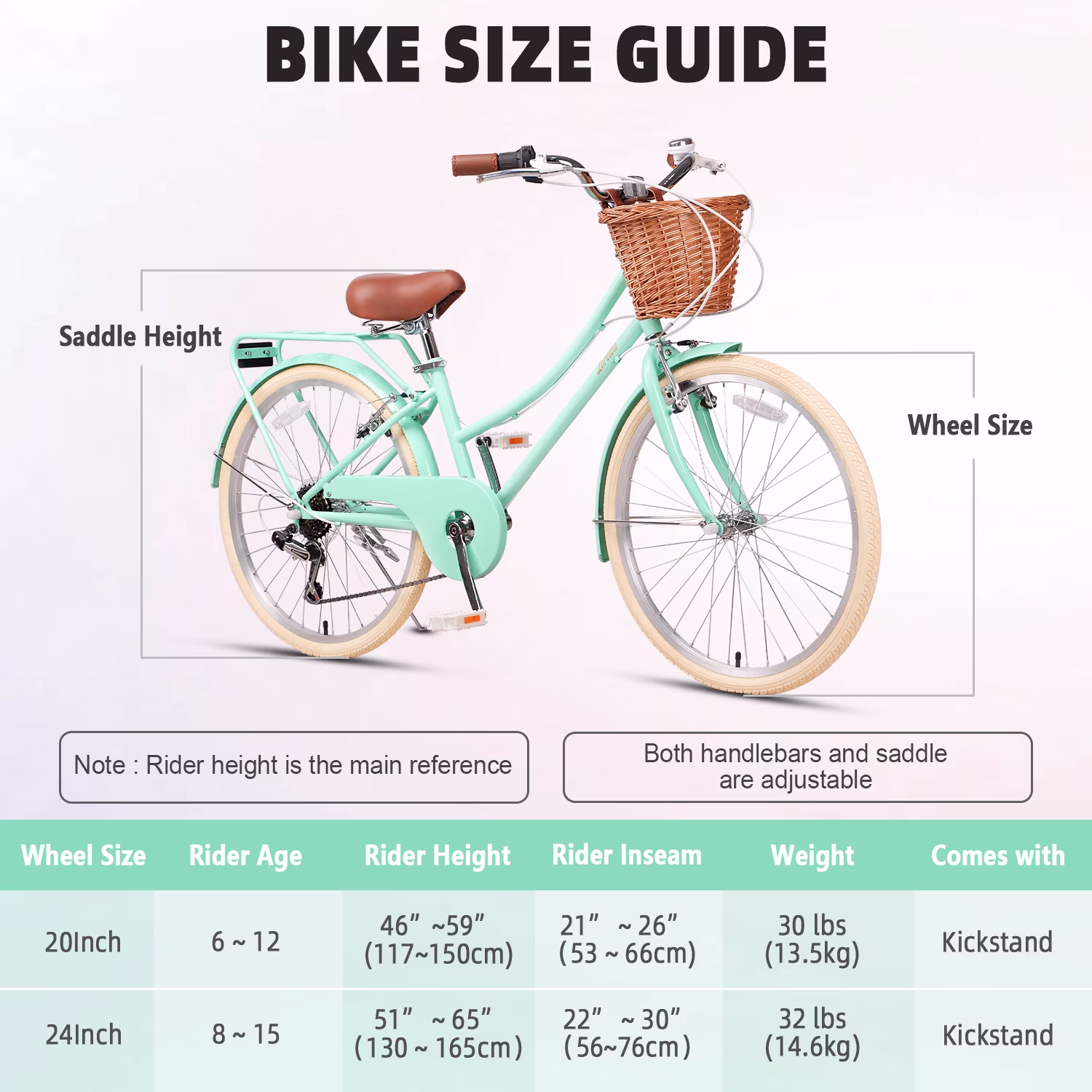 Glengo Loretta 24 Inch Girl Cruiser Kids Bike Shimano 6-Speed Teen Hybrid City Bicycle with Rack for Youth Ages 7-14 Years Old with Wicker Basket & Rack, Mint Green - Image 3