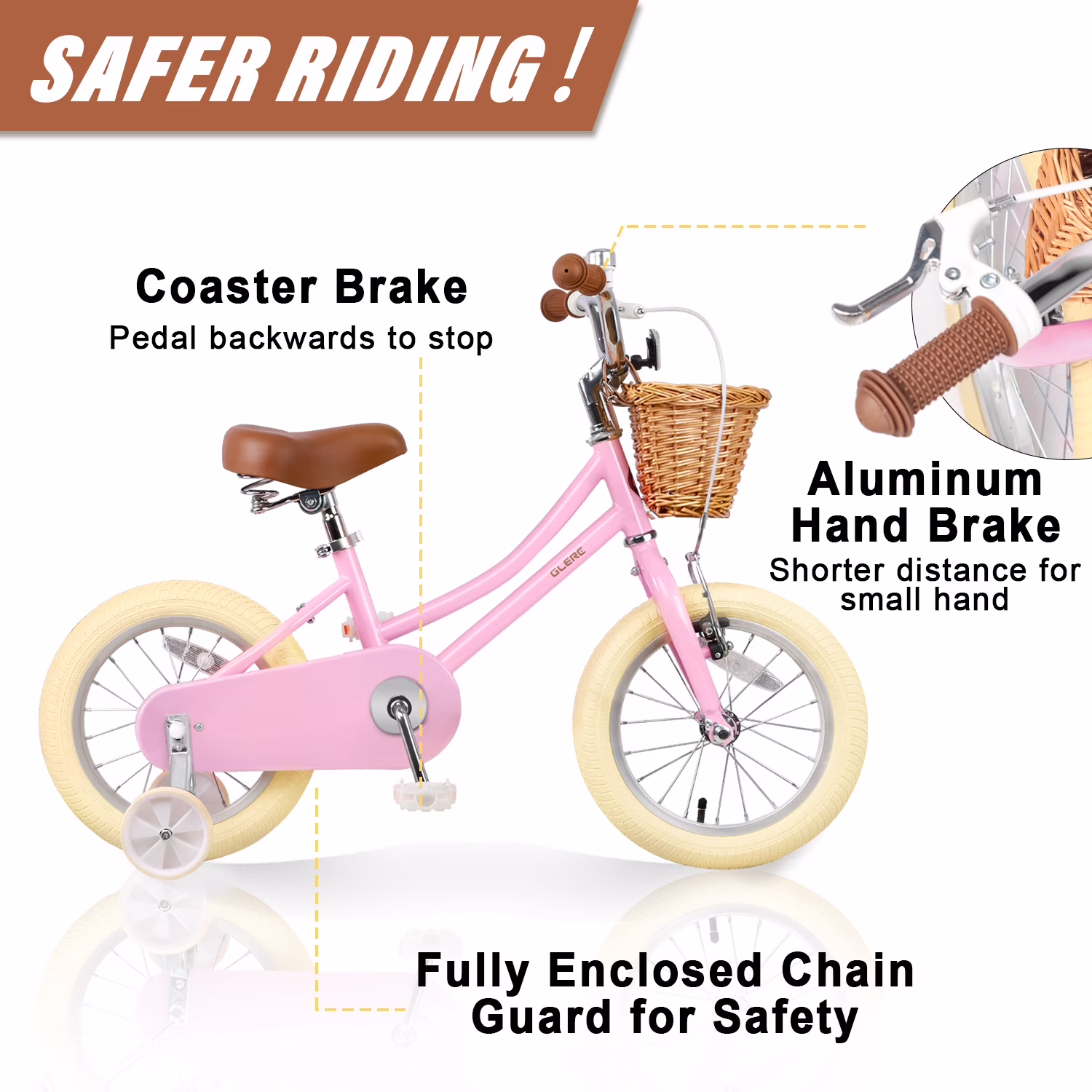 Glerc Little Miss 12 Inch Kids Bike for Girls Ages 2‑4, Retro Bicycle with Training Wheels & Basket, Pink - Image 5
