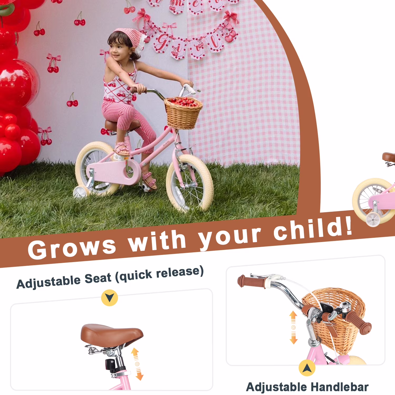 Glerc Little Miss 12 Inch Kids Bike for Girls Ages 2‑4, Retro Bicycle with Training Wheels & Basket, Pink - Image 2