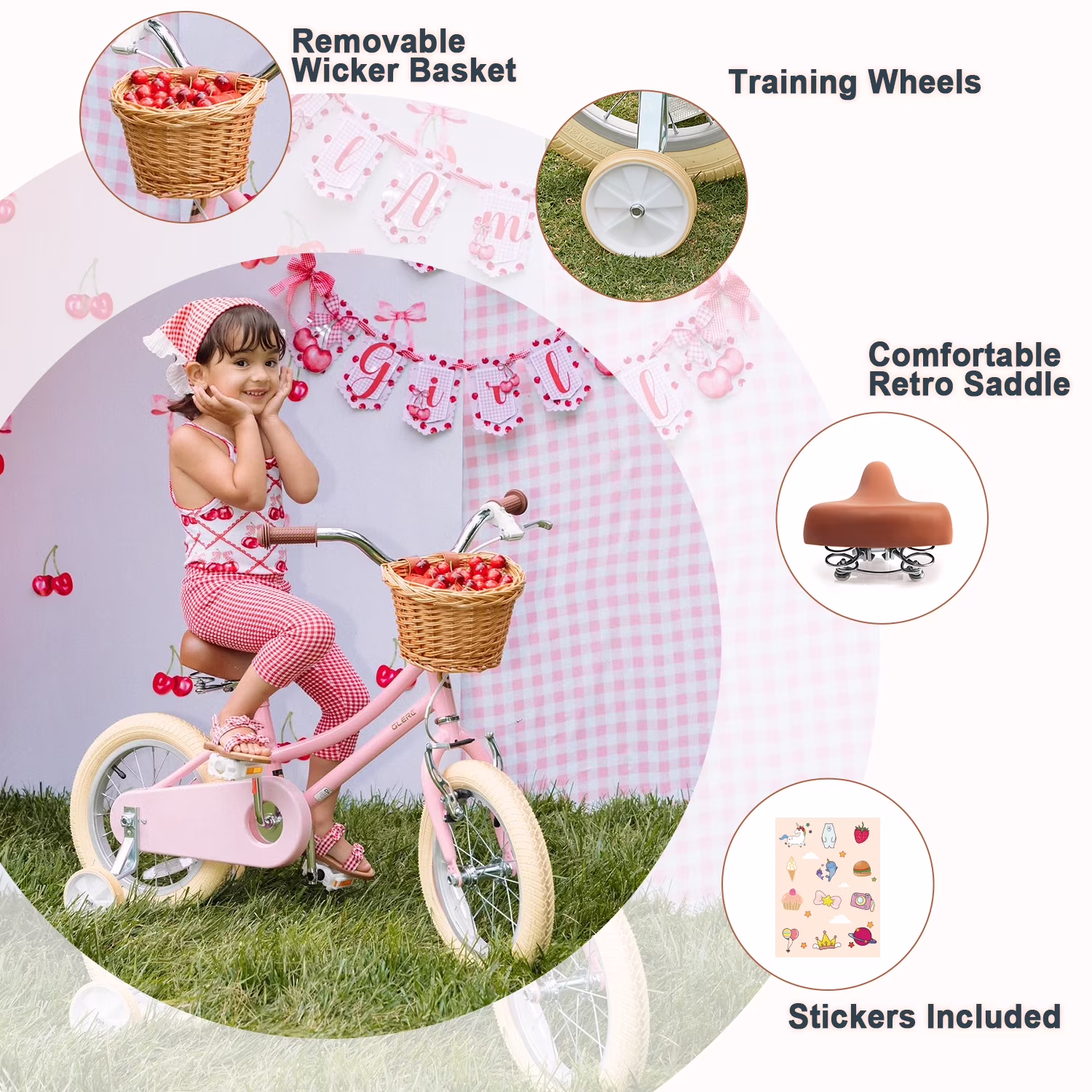 Glerc Little Miss 12 Inch Kids Bike for Girls Ages 2‑4, Retro Bicycle with Training Wheels & Basket, Pink - Image 3