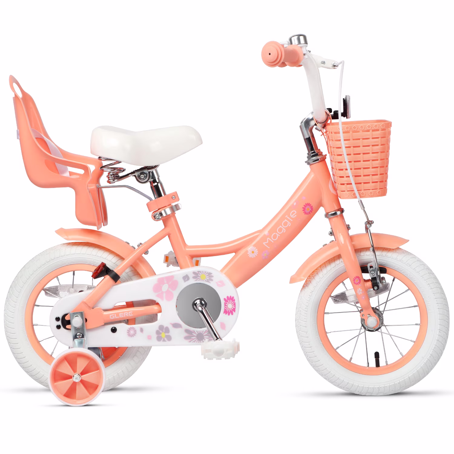 Glerc Maggie 12 inch Kids Girls Bike for Ages 2-4 Years Old Children, Princess Style Kids Bicycle with Doll-Seat & Basket & Training Wheels, Peach - Image 3