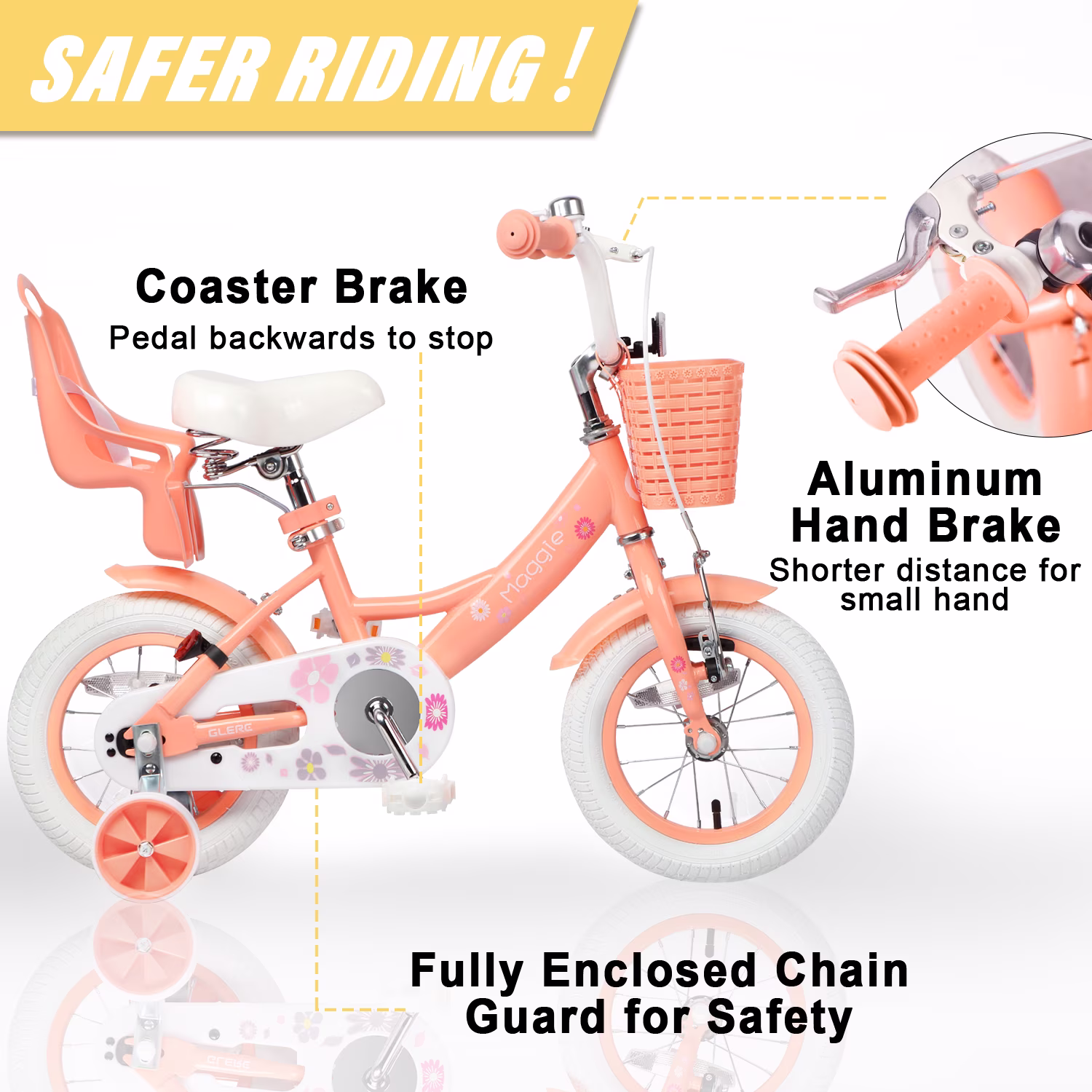 Glerc Maggie 12 inch Kids Girls Bike for Ages 2-4 Years Old Children, Princess Style Kids Bicycle with Doll-Seat & Basket & Training Wheels, Peach - Image 4