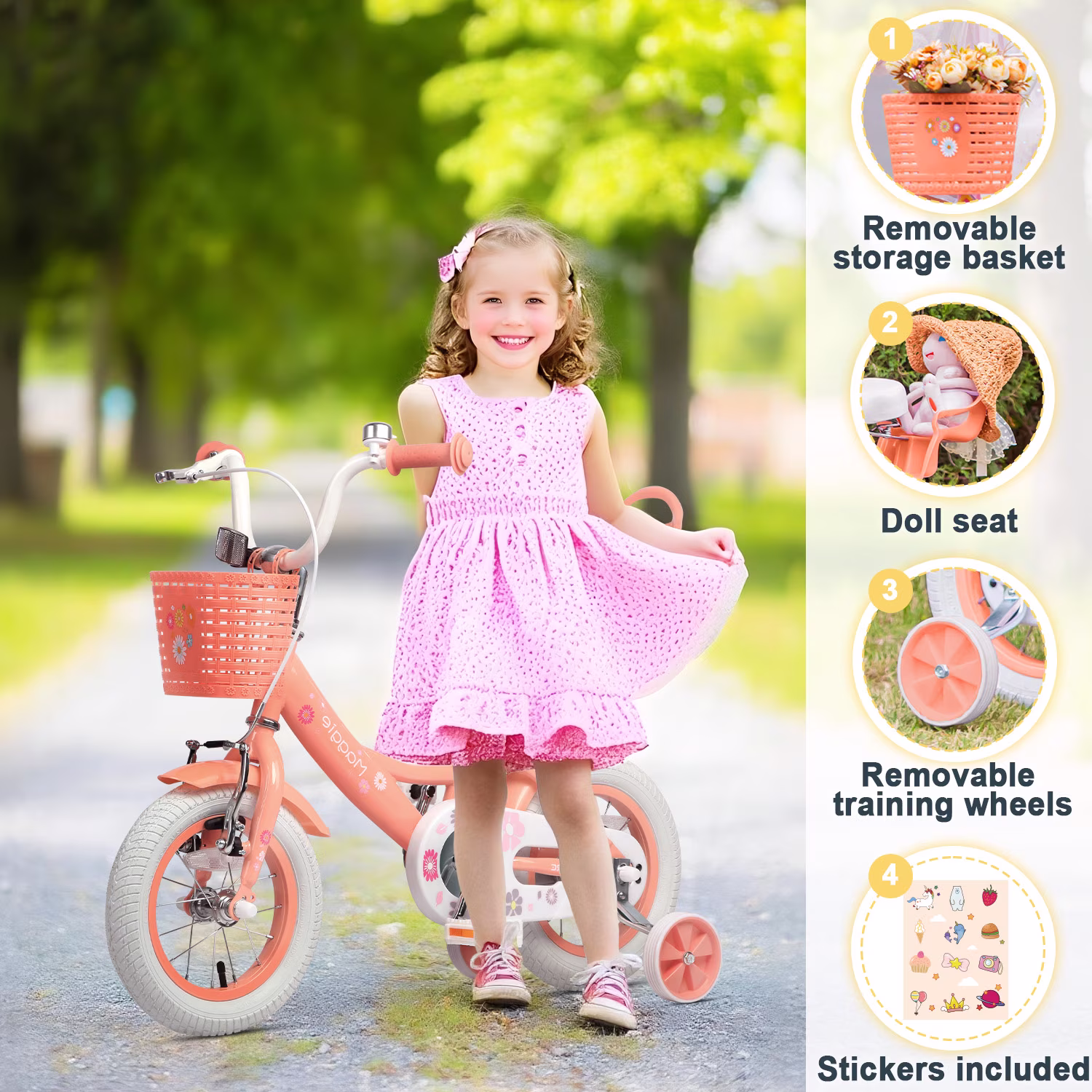 Glerc Maggie 12 inch Kids Girls Bike for Ages 2-4 Years Old Children, Princess Style Kids Bicycle with Doll-Seat & Basket & Training Wheels, Peach - Image 5