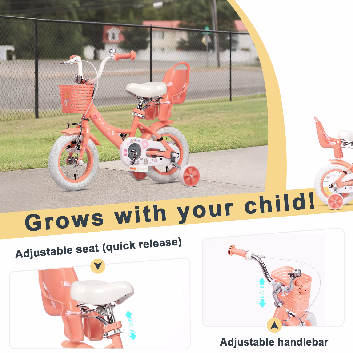 Glerc Maggie 12 inch Kids Girls Bike for Ages 2-4 Years Old Children, Princess Style Kids Bicycle with Doll-Seat & Basket & Training Wheels, Peach - Image 2