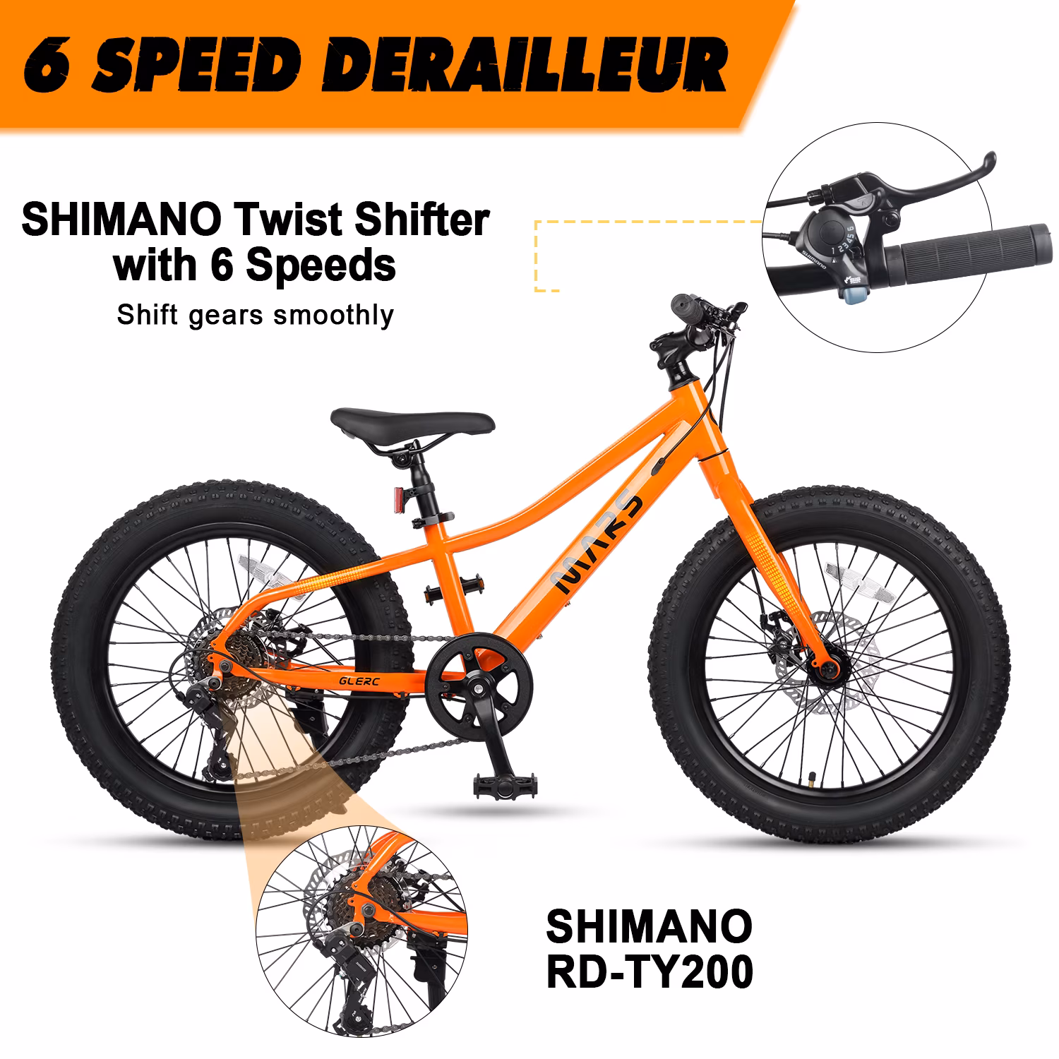 Glerc Mars Kids Mountain Bike, 24 Inch Fat Tire Bike for Teen Ages 8-14 Year Old, Bicycle with 2.8-Inch Wide Tires and 6 Speed Drivetrain,Orange - Image 4