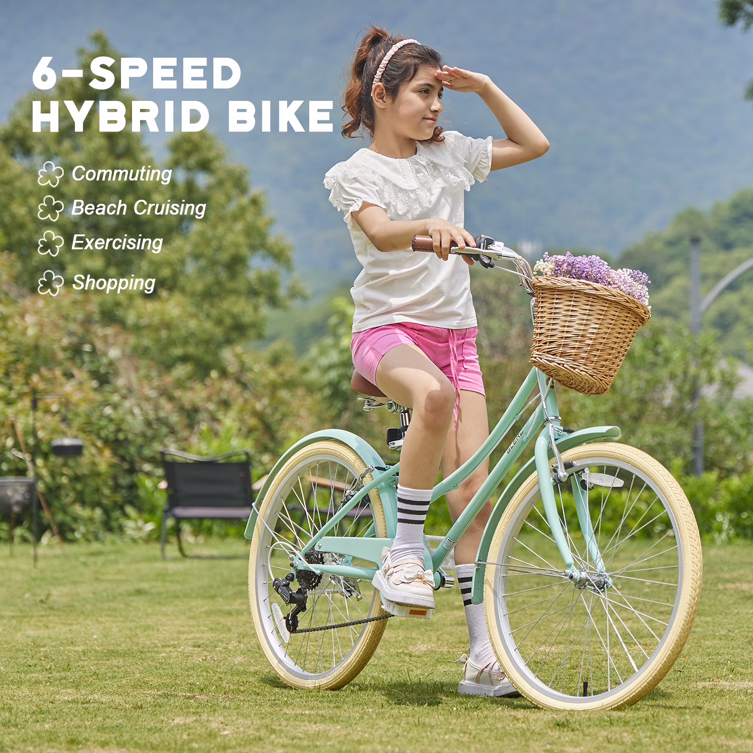 Glerc Missy 24" Girls Cruiser Bike 6-Speed Women's Hybird Bicycle for Ages 7-11 Years, Mint Green - Image 3