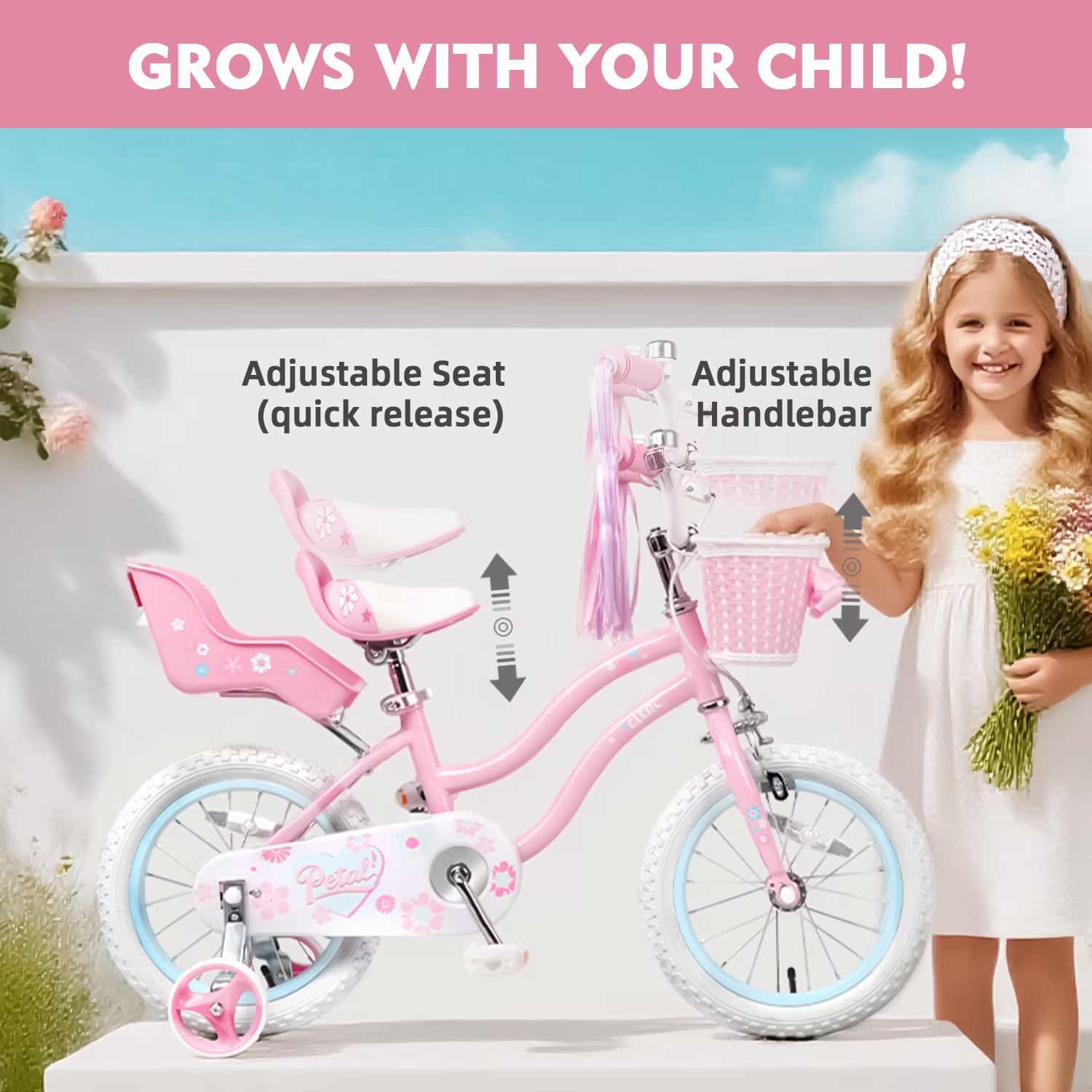 Glerc Petal Girls Bike, 12 Inch Kids Bike for Ages 2-4 Years Old, Princess Style Toddler Bike with Training Wheels & Basket & Streamers, Pink - Image 3