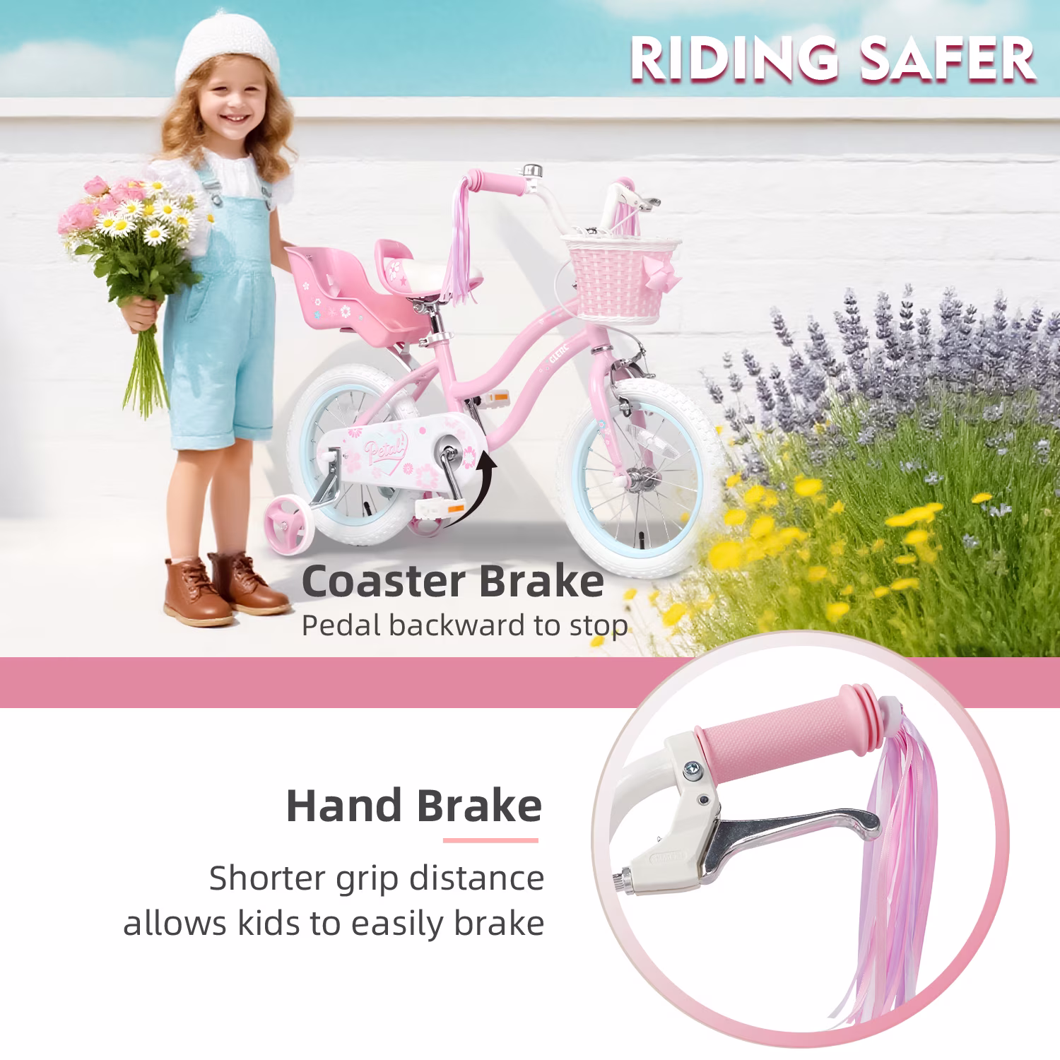 Glerc Petal Girls Bike, 12 Inch Kids Bike for Ages 2-4 Years Old, Princess Style Toddler Bike with Training Wheels & Basket & Streamers, Pink - Image 2