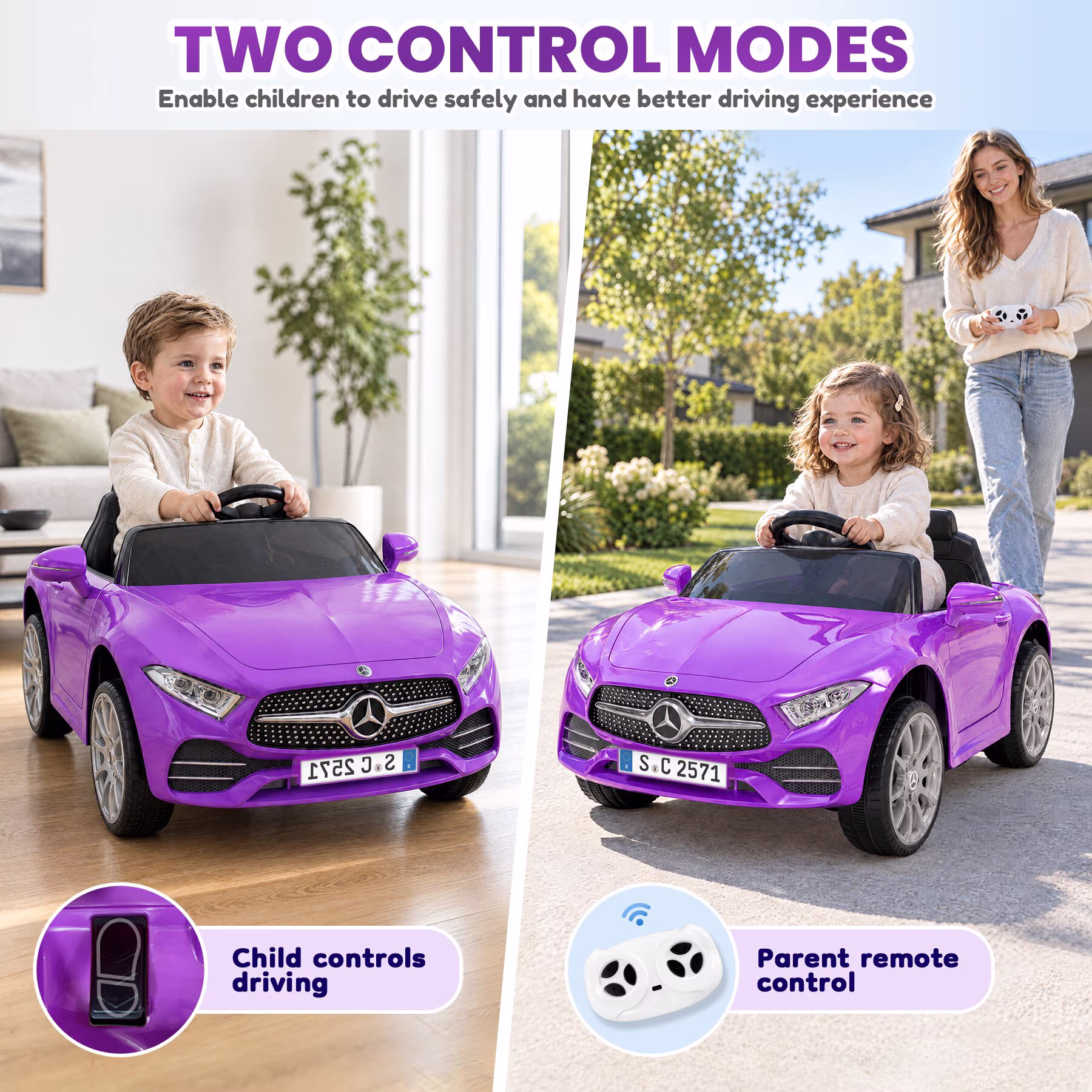 GOBOKLE 12V Kids Ride-On Car, Battery Powered Electric Vehicle, 2.4G Parent Remote Control, Double Door Design, Safety Belt & LED Lights(Purple) - Image 2