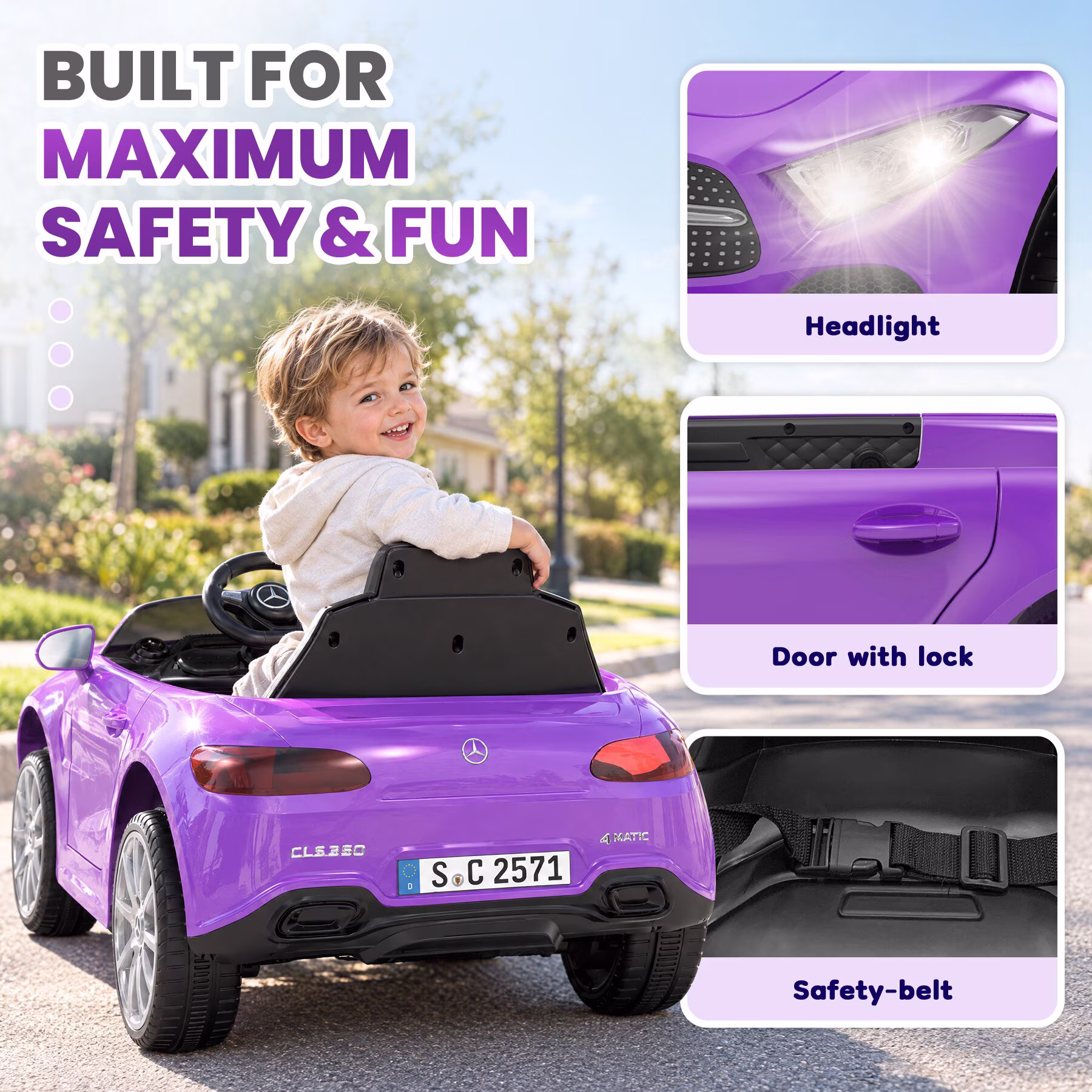 GOBOKLE 12V Kids Ride-On Car, Battery Powered Electric Vehicle, 2.4G Parent Remote Control, Double Door Design, Safety Belt & LED Lights(Purple) - Image 4