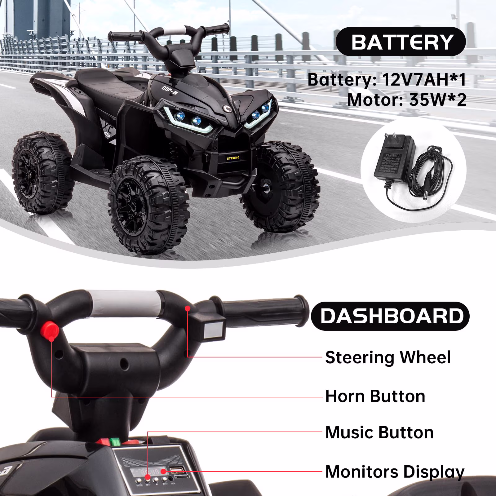 Goldensoil 12V Kids Ride-on Atv, Battery-Powered, LED Lights,High/Low Speed,USB,Treaded Tires,Black - Image 4