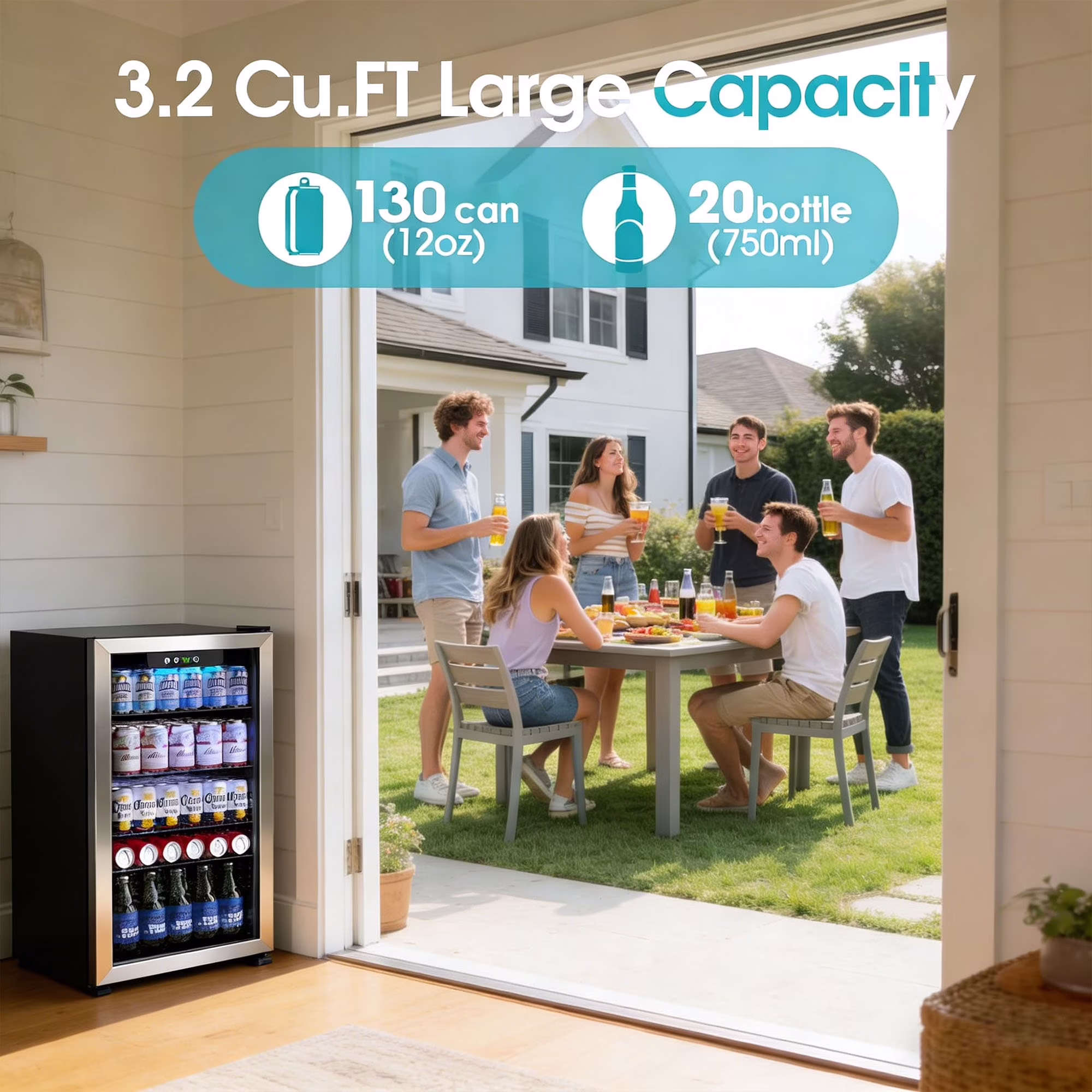 Goosiay 130 Can Beverage Refrigerator & Cooler, Mini Bar Drink Refrigerator with Glass Door, Silver - Image 2